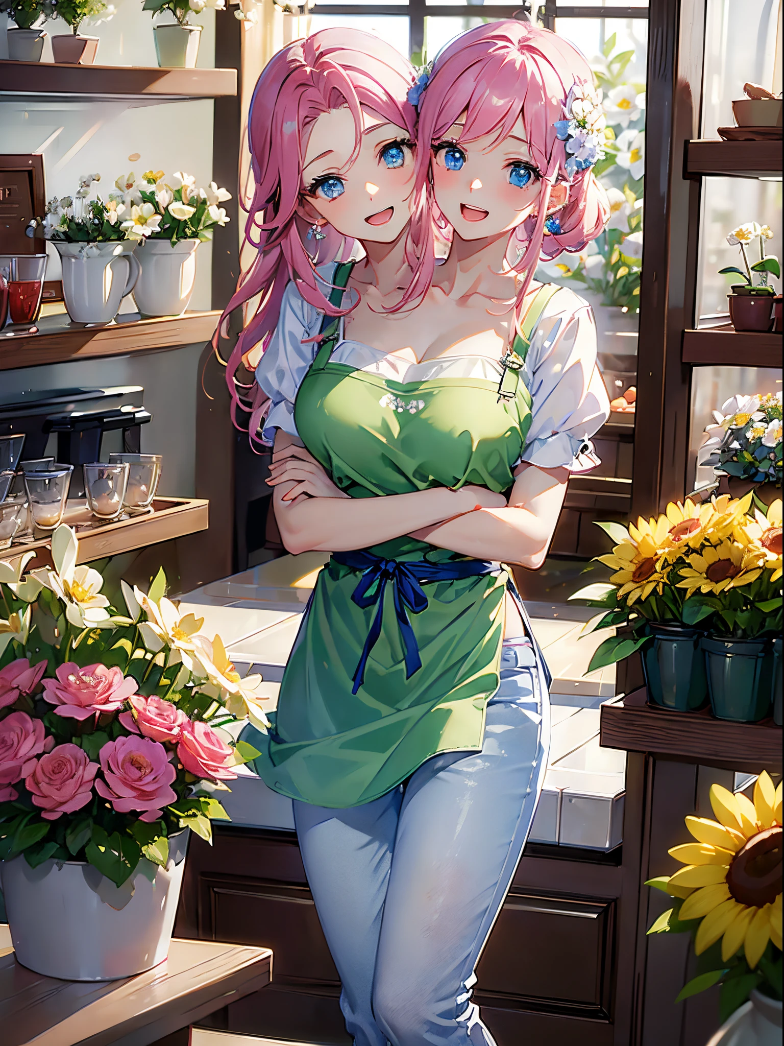 (masterpiece, best quality), best resolution, (2heads:1.5), 1girl, florist, pink hair, blue eyes, green apron with flower patterns, white t-shirt, blue pants, open mouth, greeting a customer, flower shop interior