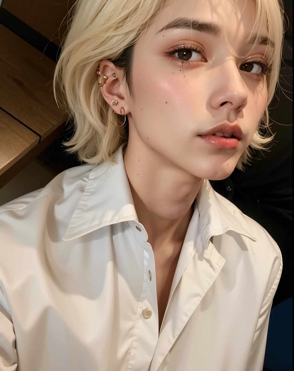um close de uma pessoa vestindo uma camisa branca e piercings nas orelhas, Cai Xukun, Kim Doyoung, delicate androgynous prince, com cabelos curtos, Beautiful androgynous prince, XQC, taken in the early 2020s, TaeJune Kim, Hyung Tae, Jungkook, Jinyoung Canela, androgynous face, ✨🕌🌙