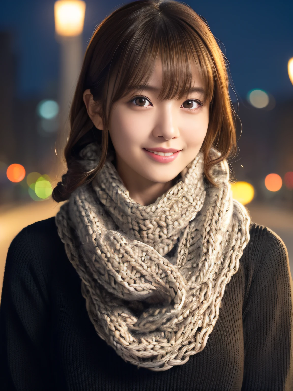 1 japanese girl,(Black sweater:1.4),(She wears a knitted snood around her neck to hide her chin...:1.5), (Raw photo, Best Quality), (Realistic, Photorealsitic:1.4), masutepiece, extremely delicate and beautiful, Extremely detailed, 8k wallpaper, amazing, finely detail, extremely detailed CG Unity, hight resolution, Soft light, Beautiful detailed 19 year old, extremely detailed eye and face, beautiful detailed nose, Beautiful detailed eyes,Cinematic lighting,city light at night,Perfect Anatomy,Slender body,Smiling  (hair messy, asymmetrical bangs, light brown hair,)