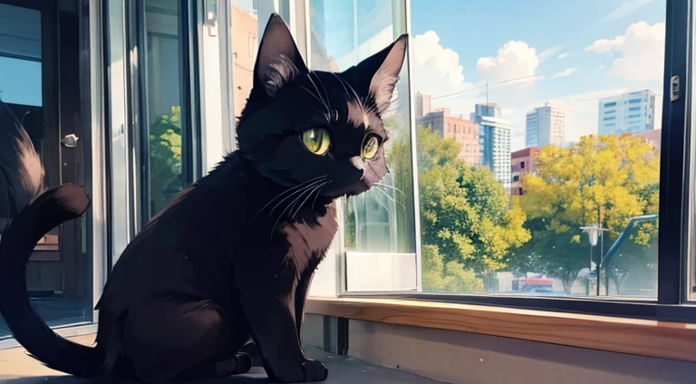 Cute black cat with round eyes staring out the window at the park.