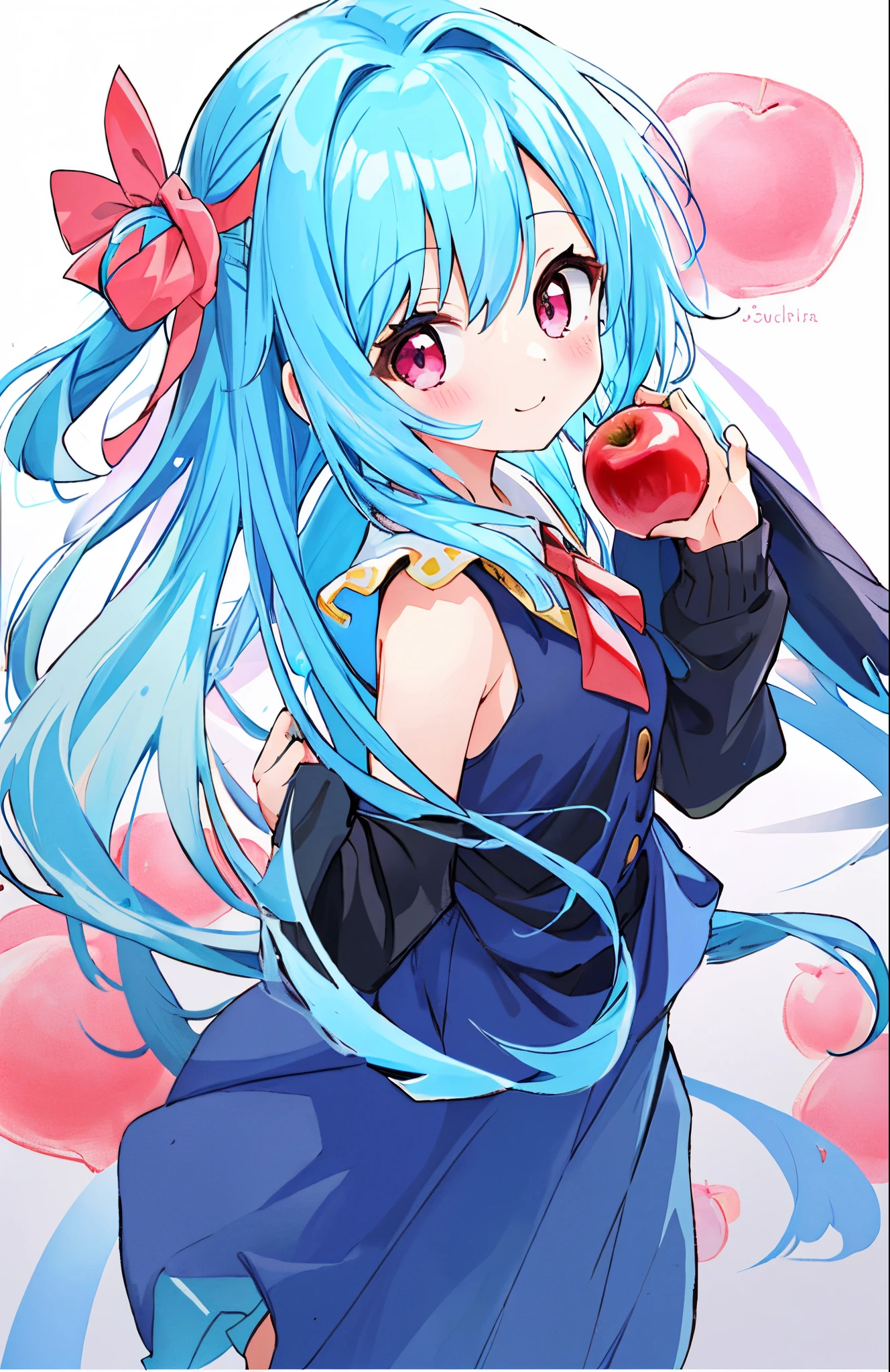anime girl with bun hair holding a red apple, small curvy , anime girl with short hair, lolidress, small loli girute anime girl, anime visual of a cute girl, loli, splash anime loli, anime girlh short hair, cute anime girl portraits, extremely cute anime girl face, cute anime girl portrait, solo , ((short hair, smile , more details eyes )), blueskirt, shirt,cyan hair ,thighhights, sleeveless shirt (hair bun) , sleeveless , pleated skirt, looking at viewer, off shoulder , collared shirt , open clothes, white thighhtighs, pink eyes , white background (Short Hair)