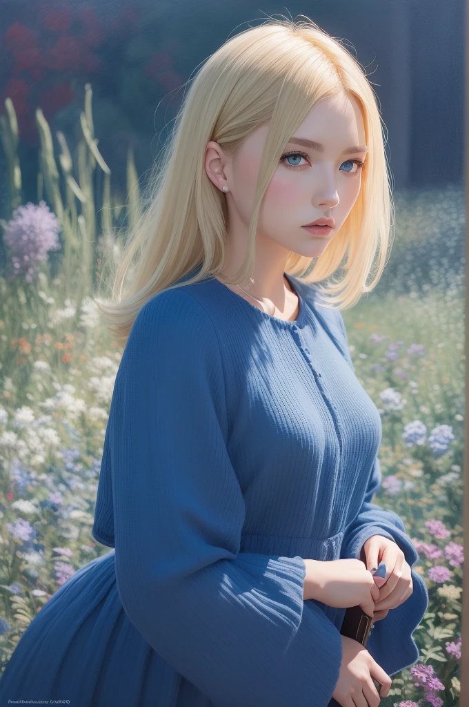 Woman with blonde hair and blue eyes wearing a blue dress, Impressionism, Oil on canvas, Contemporary art, Monet, Anime, Highly detailed, Character design, Trending on Artstation, Holographic, Light-Based, Futuristic, Highly Detailed
