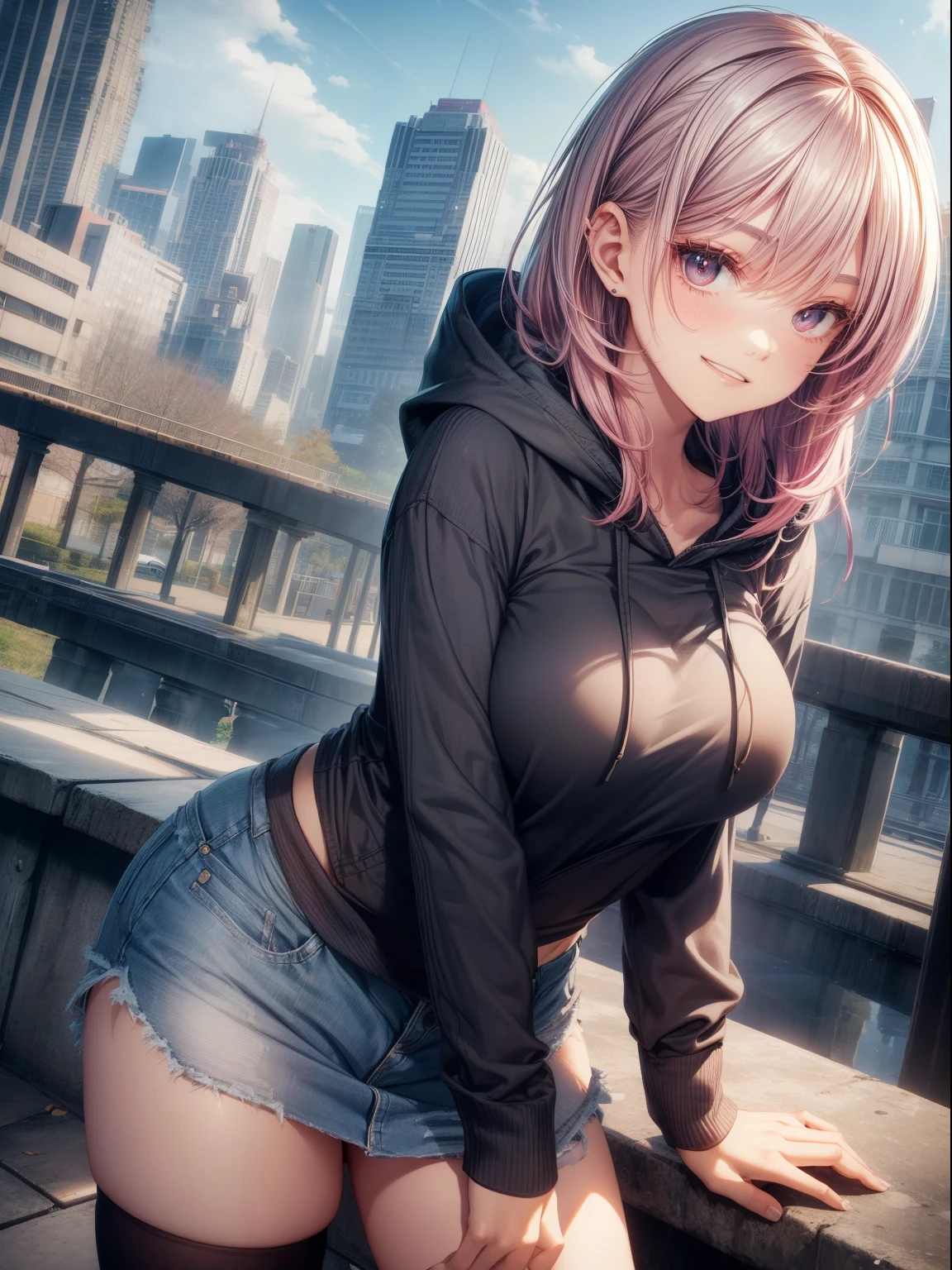 top-quality、Full limbs、complete fingers、Slender beauty、Women with straight hair、(woman with pink hair)、Women with medium hair、(Beautiful busty woman:1.3)、gray hair hoodie、Denim miniskirt、Black High Socks、Naughty Poses、a park、A big smile、bending forward