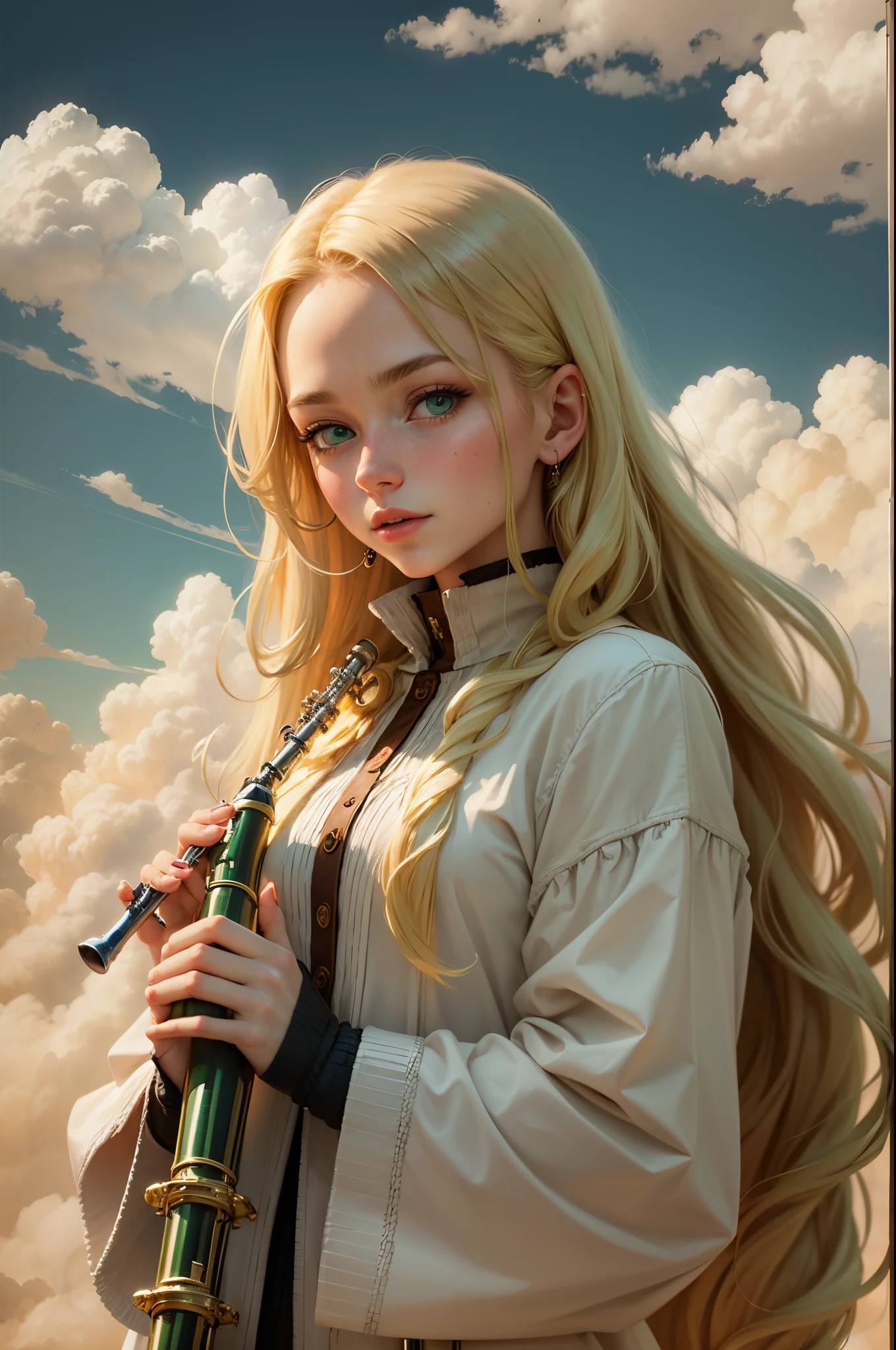 blonde woman above the clouds, long hair, green eyes, holding an oboe in her hands --auto --s2