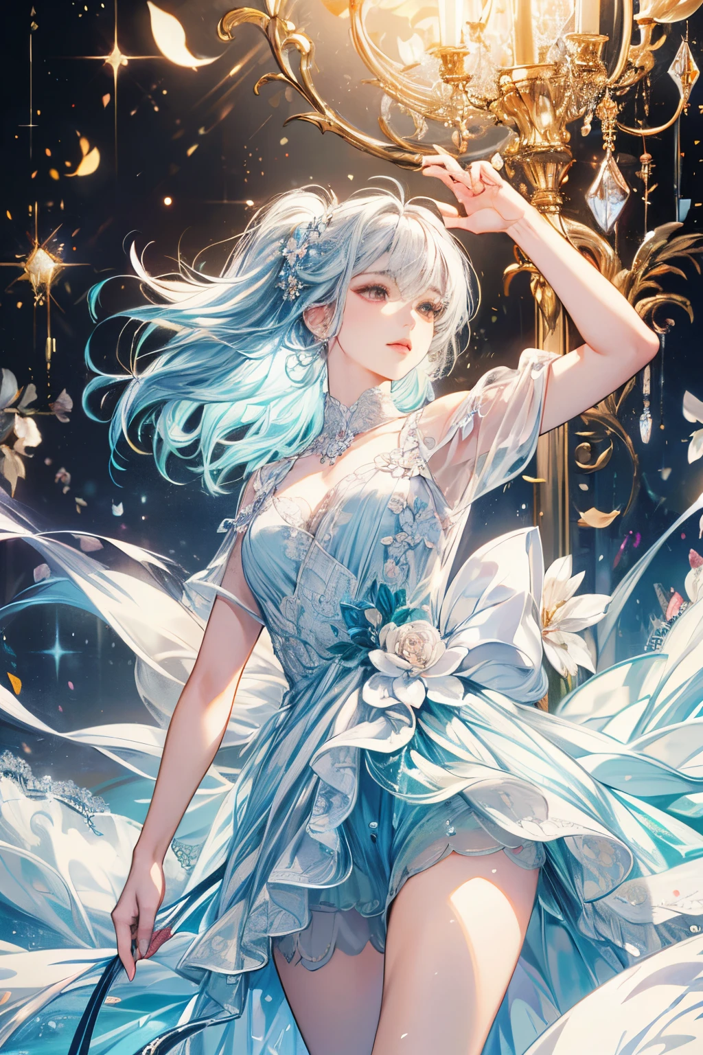 Masterpiece, high resolution, highest quality, fractal art, underwater, glowing jellyfish swimming, fantastic background, bubbles, sea spirit with silvery long hair, mysterious princess A-line long dress, neat and clean outfit, lots of fabric, Korean glitter eye makeup, mature, older sister, fantasy art, small breasts