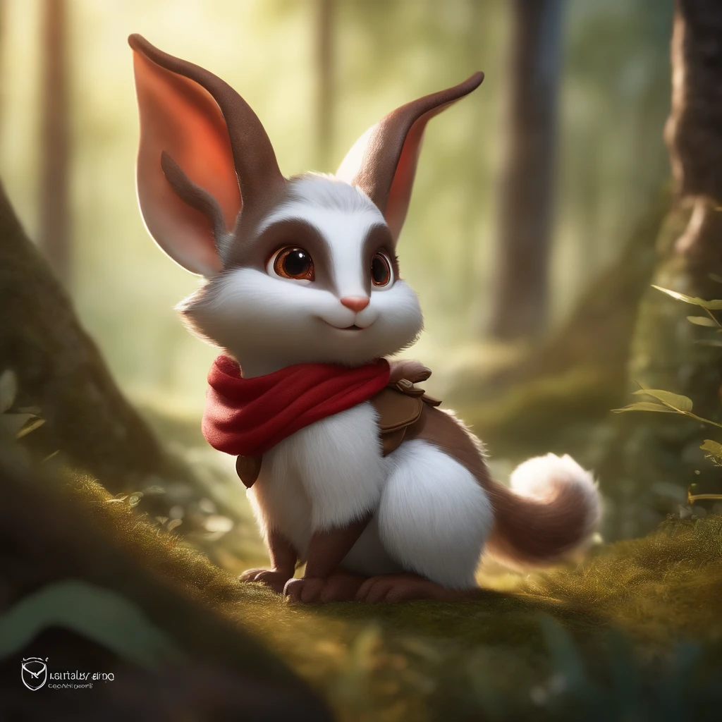 close-up of cute little fireflies, illuminating the bush, detailed picture, cgsociety, detailed painting, artstation hd, higly detailed, cgsociety, photo realism, ConceptArt, artstation hd, official arts, bokeh ,gremlin, Like a squirrel,真实感, Realism, Huge eyes, large ears, horns near the ears, big nut in paws, white and red fur, Big fluffy tail, brown vest with hood, The clothes, standing in the woods, Best Quality, Masterpiece, in style of dark fantasy art