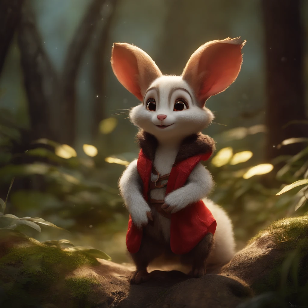close-up of cute little fireflies, illuminating the bush, detailed picture, cgsociety, detailed painting, artstation hd, higly detailed, cgsociety, photo realism, ConceptArt, artstation hd, official arts, bokeh ,gremlin, Like a squirrel,真实感, Realism, Huge eyes, large ears, horns near the ears, big nut in paws, white and red fur, Big fluffy tail, brown vest with hood, The clothes, standing in the woods, Best Quality, Masterpiece, in style of dark fantasy art
