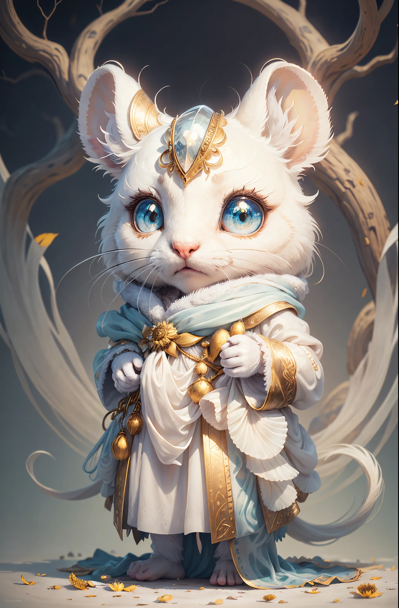 A little mouse close up potrait of a young lady who has snow color and silk like hair, and delicate skin, upper body, (extremely detailed eyes, nose, ears, lips, face), beautiful and crystal clear eyes, A woman wearing sheer gossamer stands under the towering sunflower tree, her gaze fixed on the intricate patterns of the branches above. The bright white sands beneath her feet seem to glow in the warm sunlight, while the endless blue sky stretches out above her. The scene is bathed in a golden light, as if the sun itself has bestowed its 24k blessing upon this tranquil moment.