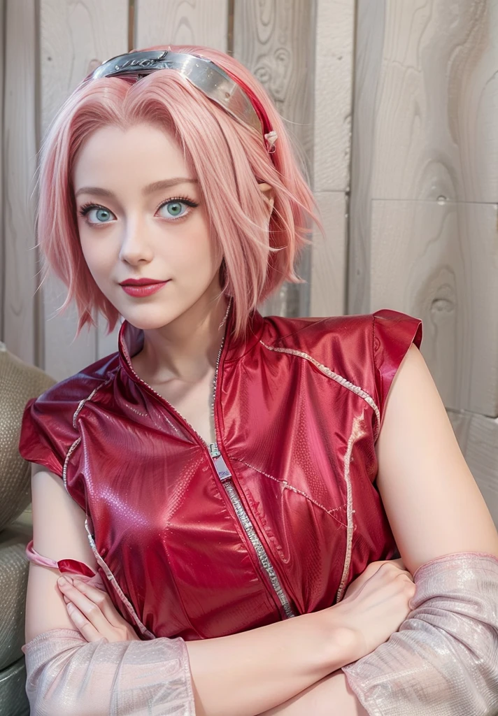 young woman, porcelain skin, short bubblegum pink hair, big red lips, big green eyes, pink eyebrows, smile, looking at camera, red clothes, Sakura Haruno, 3d, realism