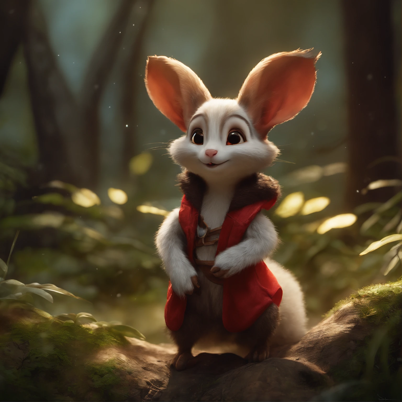 close-up of cute little fireflies, illuminating the bush, detailed picture, cgsociety, detailed painting, artstation hd, higly detailed, cgsociety, photo realism, ConceptArt, artstation hd, official arts, bokeh ,gremlin, Like a squirrel,真实感, Realism, Huge eyes, large ears, horns near the ears, big nut in paws, white and red fur, Big fluffy tail, brown vest with hood, The clothes, standing in the woods, Best Quality, Masterpiece, in style of dark fantasy art