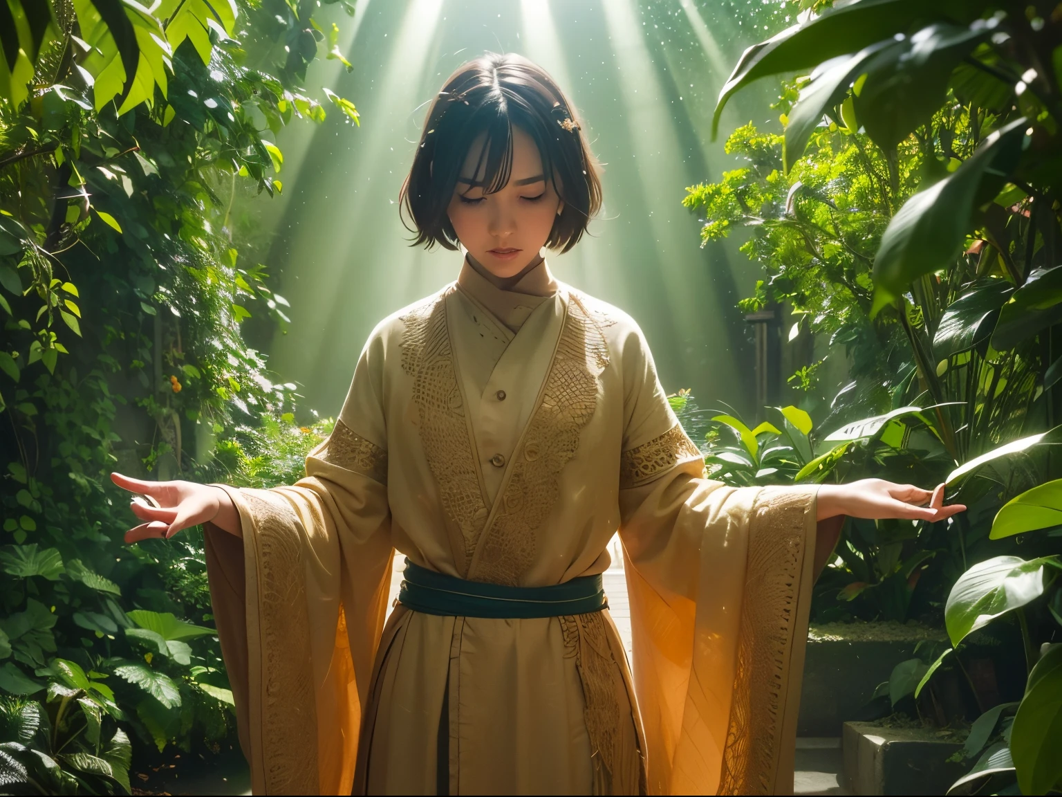 (masterpiece), realistic, cinematic light,The overall image quality is of the highest caliber, capturing every tiny detail with precision and clarity. Each leaf on the plants is beautifully textured and full of vibrant colors. The masterful lighting creates a cinematic atmosphere, with soft, diffused rays of sunlight illuminating the scene. The colors in the image are vivid and lustrous, creating a visually captivating experience.