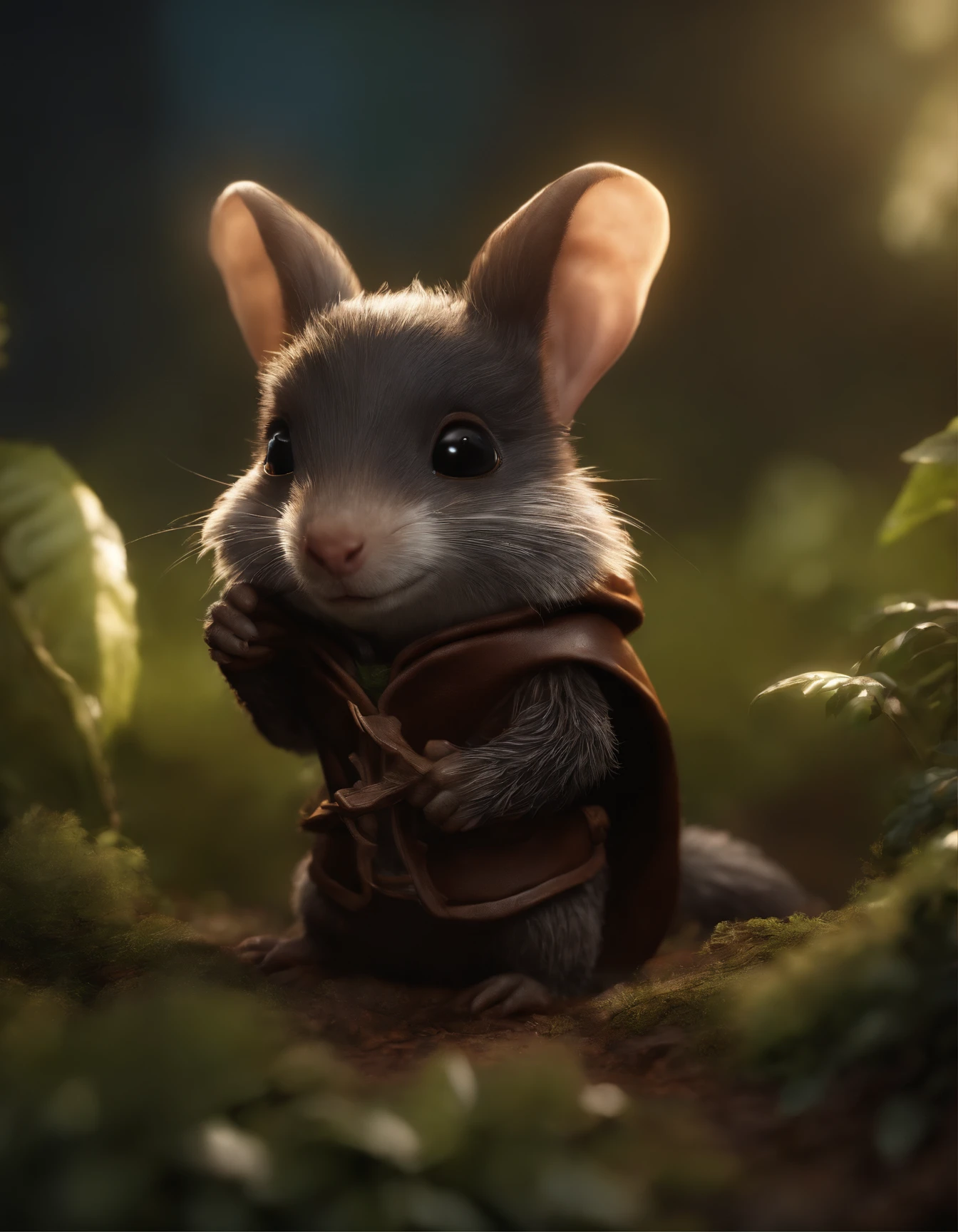 close-up of cute little fireflies, illuminating the bush, detailed picture, cgsociety, detailed painting, artstation hd, higly detailed, cgsociety, photo realism, ConceptArt, artstation hd, official arts, bokeh ,(CBZBB:1.25)Realism,gremlin, gremlin looks like a mole, ((Ez idna)), in a clearing under an oak tree, holding a large acorn in his paws, wearing a dark leather vest with a hood, CBZBB,Cute, Small, , Beautiful, Fantasy art, deviant art, trending artstation, Digital Art, Detailed, Realistic, humanoid, character, tiny, Cinematic shot, cinematic portrait of a mole, cute character, looks like a mole,