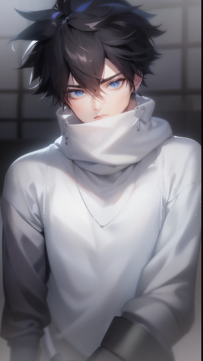 anime - photo of a man with black hair and a white turtleneck sweater in anime style., Tall anime guy with blue eyes, Male anime character, handsome anime pose, free pose Young anime man, key anime art, Men's Anime Style, Key Anime Visuals, Anime boy, Anime character, He is wearing a white sweater, Anime handsome, Okita Sugo