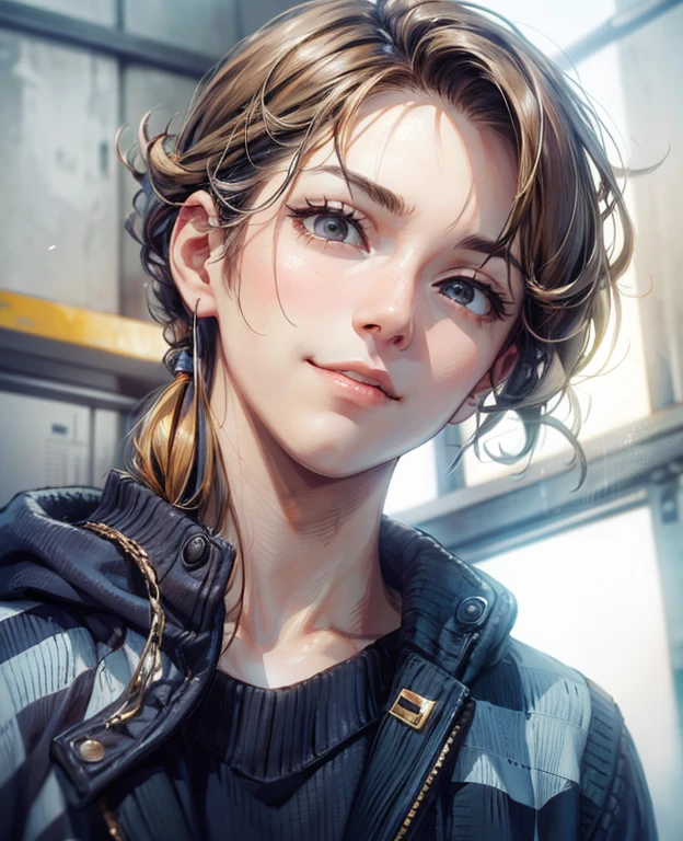 (masutepiece), Natural light, Photorealistic, Cameltoe, diffuse glow, depth of fields, big eye、Black eyes、profetional lighting、japanes、on top of the building in the background、Fantastic background、portlate、Invincible smile、ember、the man has sharp eyes、Brown knitted sweater、Eyes are black、asian human、a blond、Hairstyle with a slight perm、
