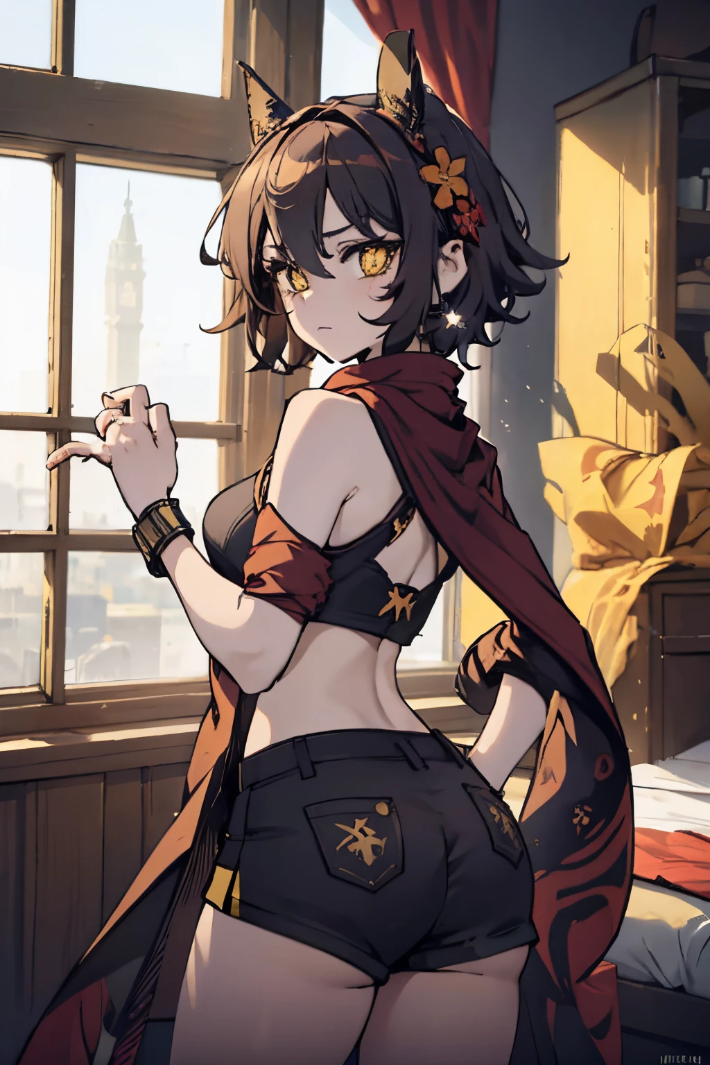 short (messy hair) (masterpiece), best quality perfect face beautiful girl, feminine, defined curves, cinematic, aesthetic, shadows, gorgeous, amazing, cute girl (busty) medium breast) (large ass) (bubble butt) barefoot, brown hair, detached sleeves bare shoulders, defined abdomen, sleeveless (thick thighs), (masterpiece), best quality, expressive eyes, perfect IncrsAhriArcade, facial mark shaped pupils, (yellow eyes:1.3), flower-shaped pupils, black shorts, scarf on pirate ship bedroom, shaft head tilt pose (from side) full body