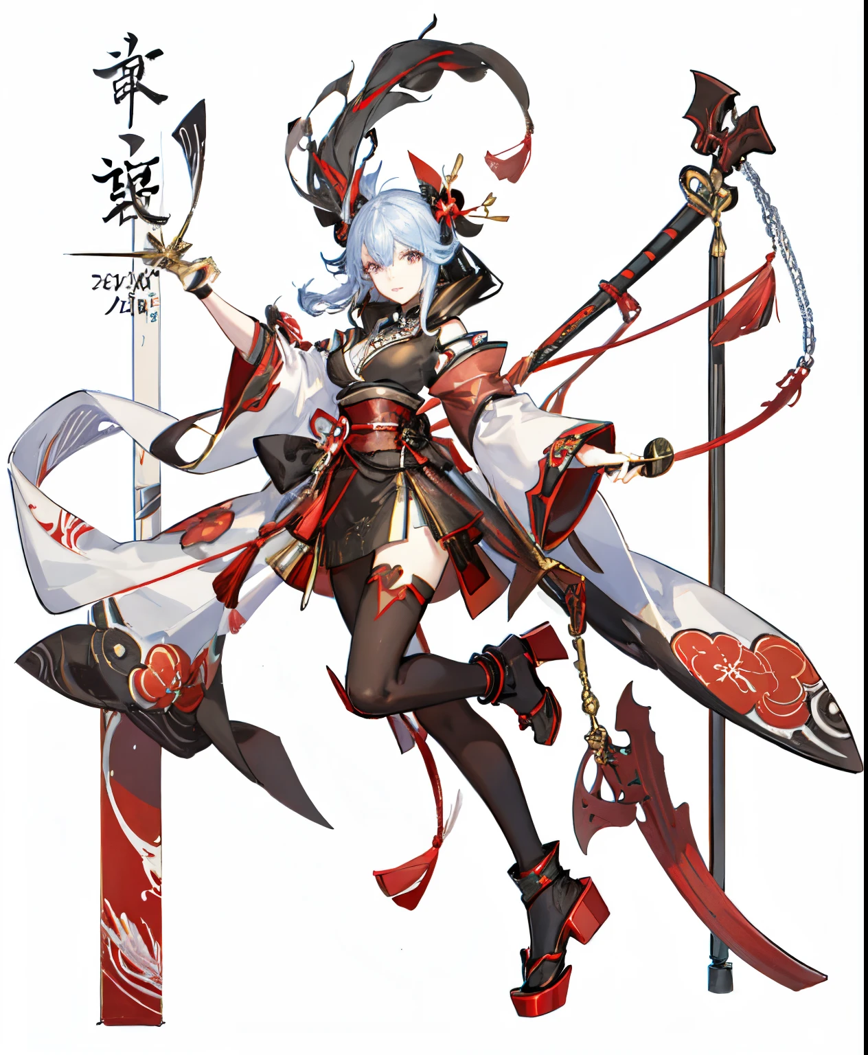 drawing of a woman in a red and black outfit with a sword in her hands, Traditional Japanese concept art, Comiket cosplay concept art, Interesting character design, onmyoji detailed art, anime character design, Anime character; full body art, detailed full body concept, Colorful! Character design, great character design, full body character design, Free Pose Best Anime Character Design