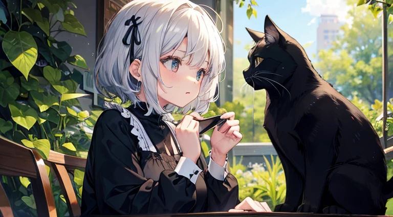 An old lady gives a green ribbon to a cute black cat with round eyes.