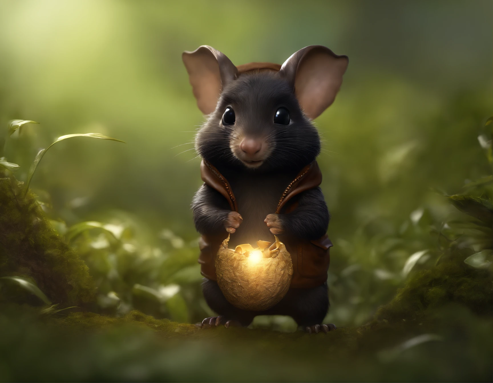 close-up of cute little fireflies, illuminating the bush, detailed picture, cgsociety, detailed painting, artstation hd, higly detailed, cgsociety, photo realism, ConceptArt, artstation hd, official arts, bokeh ,(CBZBB:1.25)Realism,gremlin, gremlin looks like a mole, ((Ez idna)), in a clearing under an oak tree, holding a large acorn in his paws, wearing a dark leather vest with a hood, CBZBB,Cute, Small, , Beautiful, Fantasy art, deviant art, trending artstation, Digital Art, Detailed, Realistic, humanoid, character, tiny, Cinematic shot, cinematic portrait of a mole, cute character, looks like a mole,