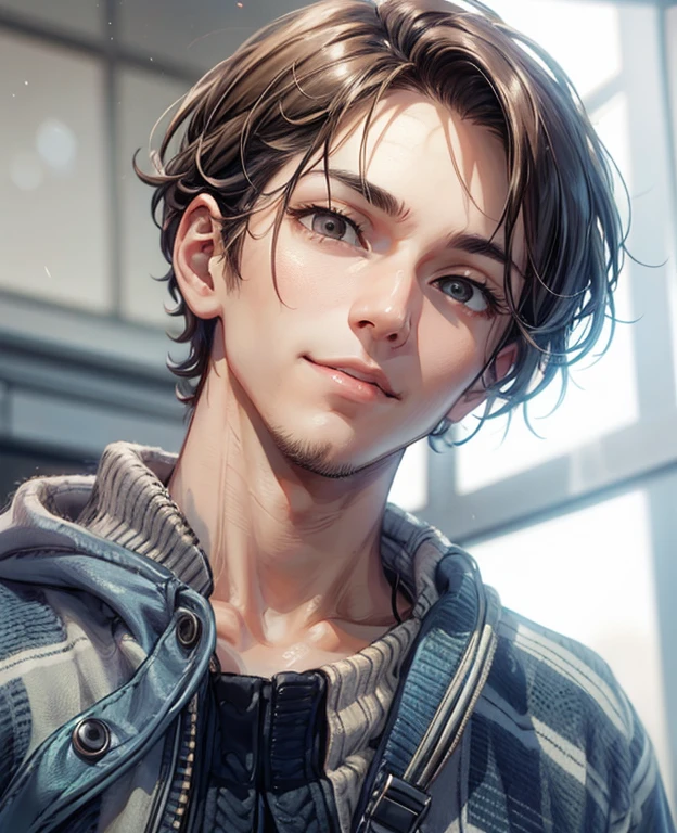 (masutepiece), Natural light, Photorealistic, Cameltoe, diffuse glow, depth of fields, big eye、Black eyes、profetional lighting、japanes、on top of the building in the background、Fantastic background、portlate、Invincible smile、ember、the man has sharp eyes、Brown knitted sweater、Eyes are black、asian human、a blond、lightly permed hairstyle、short hair、