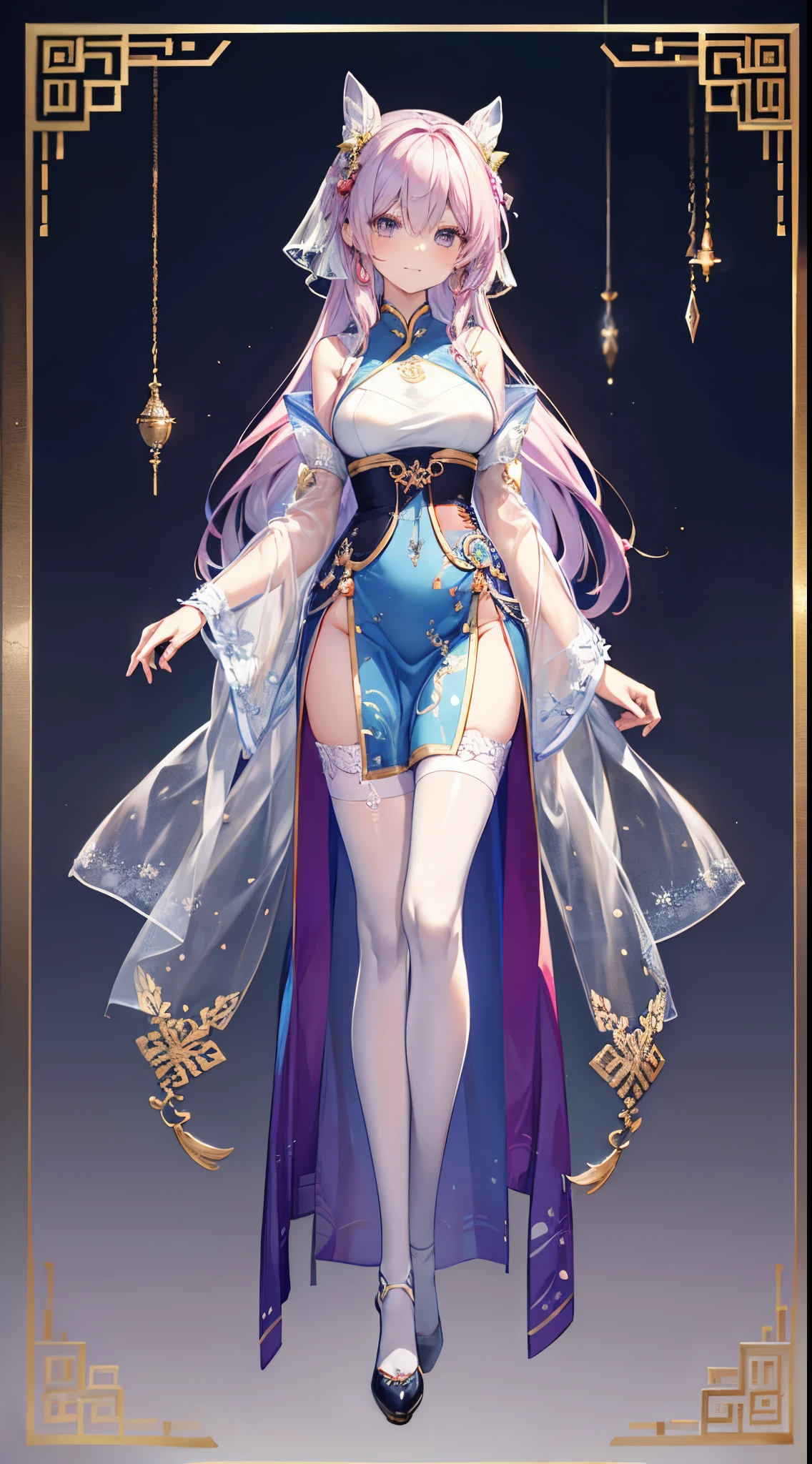 (Character design drawing 1.8)This is Fairy Zixia standing by the pavilion,(Wearing sexy lavender see-through mesh halterneck bellyband uniform Hanfu hollow 1.5),Slim, long, (Beautiful legs in stockings 1.6),Perfect body proportion, long slim figure,( Close-up full body photo of person 1.2),(Happy happy shy expression),A large number of complex pattern decorations on clothing,