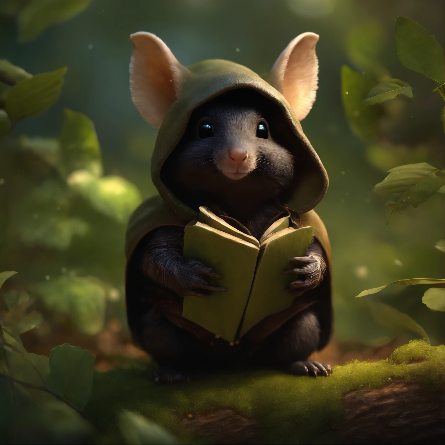 close-up of cute little fireflies, illuminating the bush, detailed picture, cgsociety, detailed painting, artstation hd, higly detailed, cgsociety, photo realism, ConceptArt, artstation hd, official arts, bokeh ,(CBZBB:1.25)Realism,gremlin, gremlin looks like a mole, ((Ez idna)), in a clearing under an oak tree, holding a large acorn in his paws, wearing a dark leather vest with a hood, CBZBB,Cute, Small, baby, Beautiful, Fantasy art, deviant art, trending artstation, Digital Art, Detailed, Realistic, humanoid, character, tiny, Cinematic shot, cinematic portrait of a mole, cute character, looks like a mole,