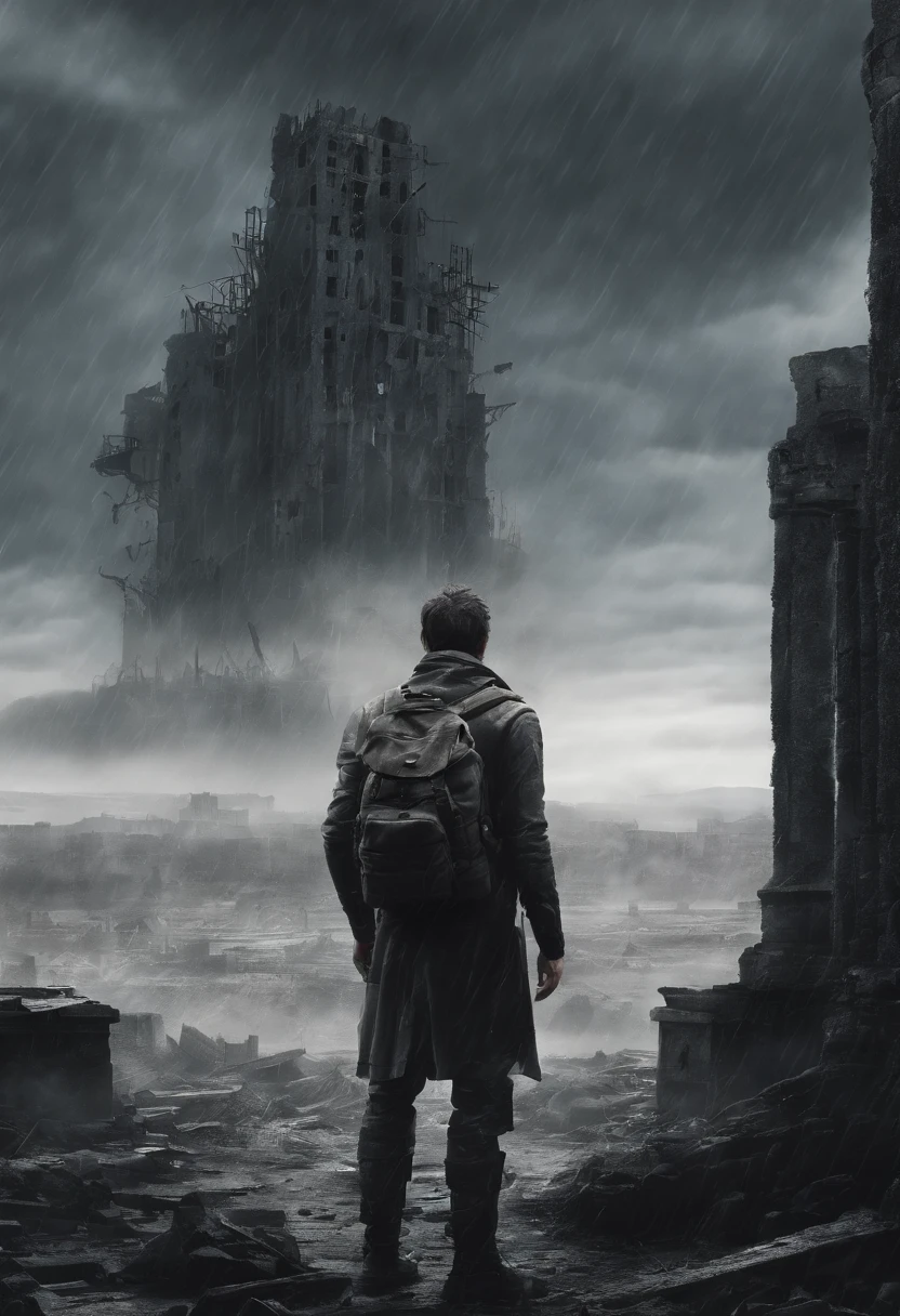 arafed, A man wearing a backpack standing on the ruins,In the background is a desolate ruin, Thick fog fills the air,heavy rain poured,Dark clouds cover the sky,Film Particle