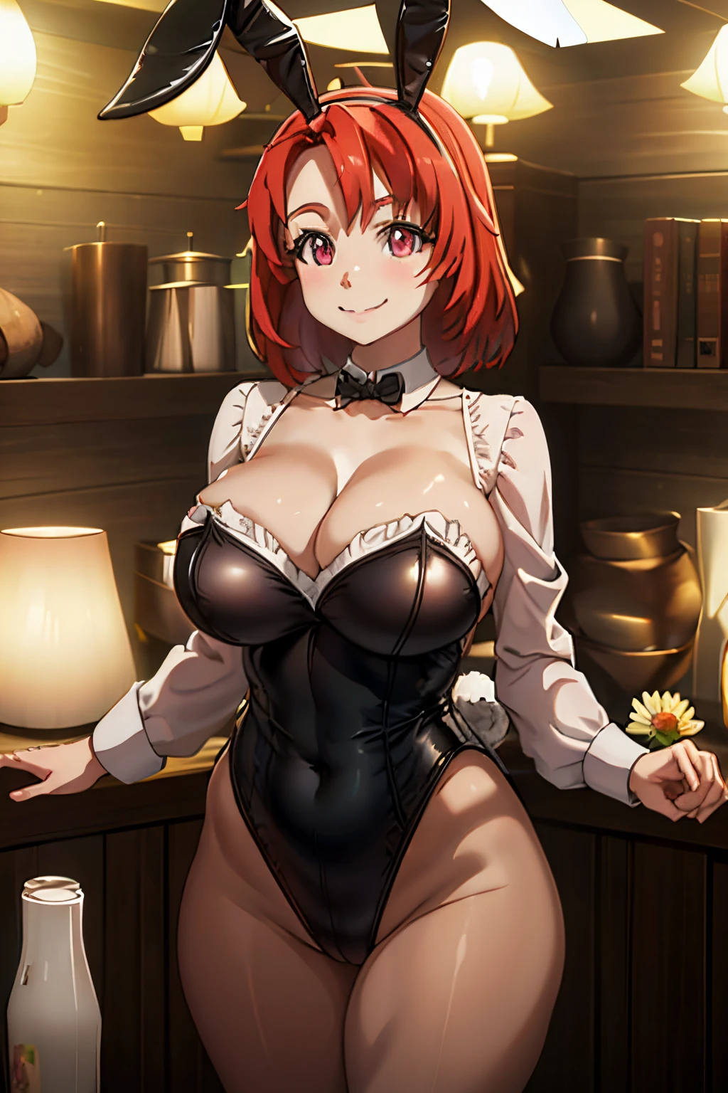 cow girl, redhead, smiling, bunnysuit, bunny ears, smiling, masterpiece,