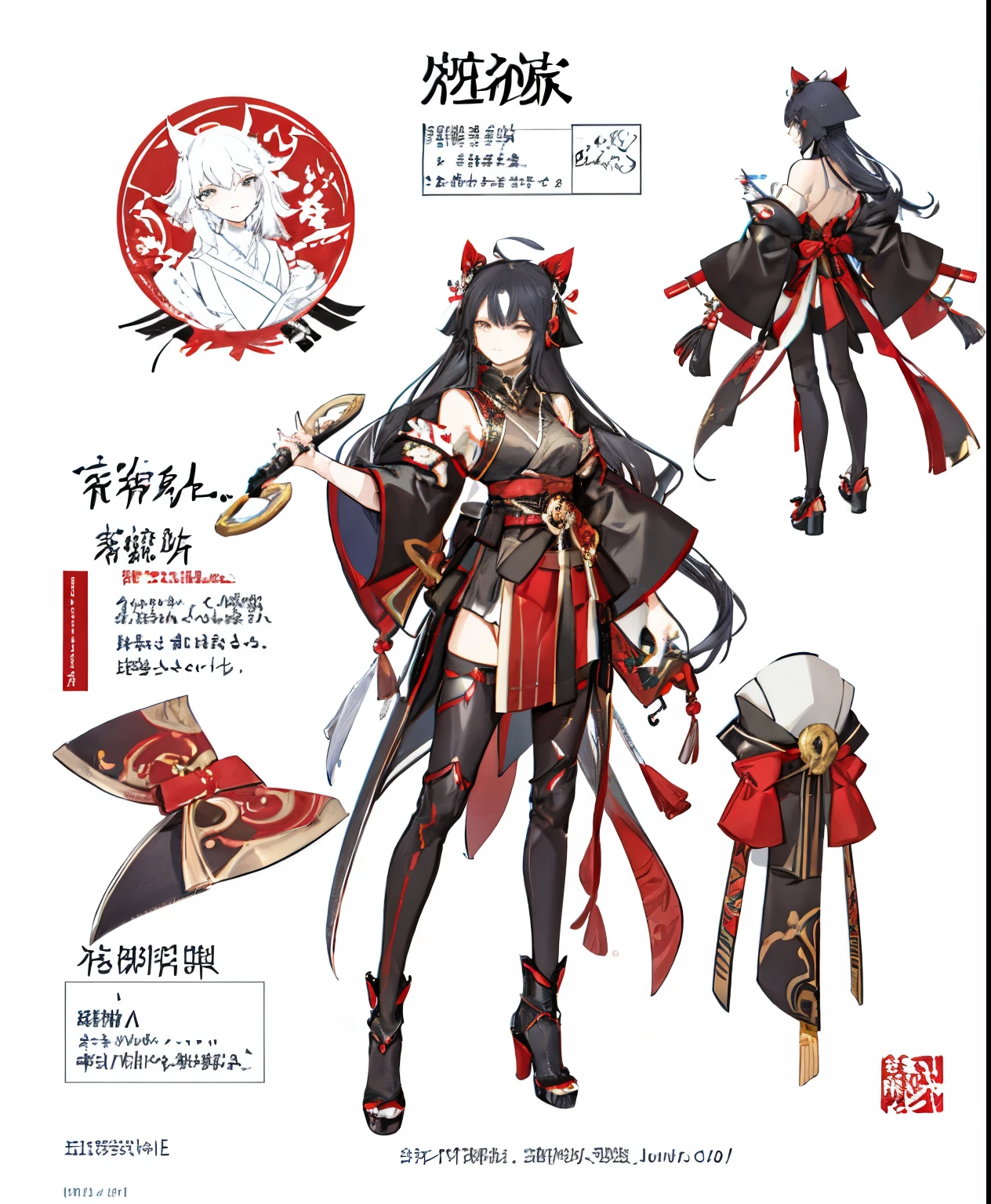 drawing of a woman in a red and black outfit with a sword in her hands, Traditional Japanese concept art, Comiket cosplay concept art, Interesting character design, onmyoji detailed art, anime character design, Anime character; full body art, detailed full body concept, Colorful! Character design, great character design, full body character design, Free Pose Best Anime Character Design