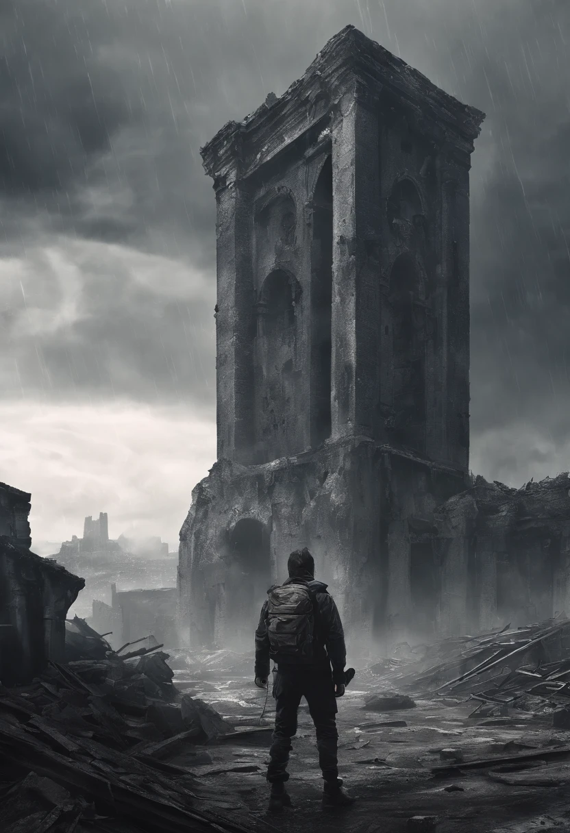 arafed, A man wearing a backpack standing on the ruins，In the background is a desolate ruin, Thick fog fills the air，heavy rain poured，Dark clouds cover the sky，Film Particle