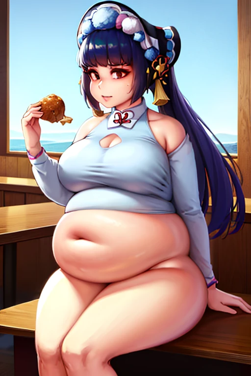 Fat, chubby, large belly, pregnant, obese, very fat, beidou, big belly, very fat, large stomach, chubby (best quality, masterpiece), thanksgiving, wearing sweater, grabbing belly, sitting down, table with of food, table tons of food, lots of food, holding belly, table with food, sitting, wearing sweater, Christmas, Holiday, Christmas cookie, yun jin from genshin impact, braided ponytail
