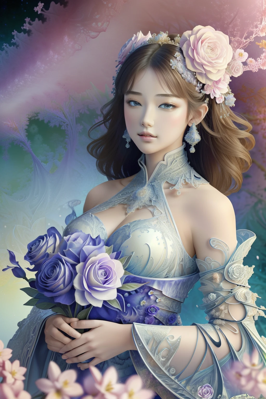 dynamic angle, (masterpiece, top quality, best quality, official art, beautiful and aesthetic:1.2), (1girl), extreme detailed,(filigree art:1.0),(fractal art:1.3),highest detailed, buling, flowers, floral:1.0,jewel, shiguang