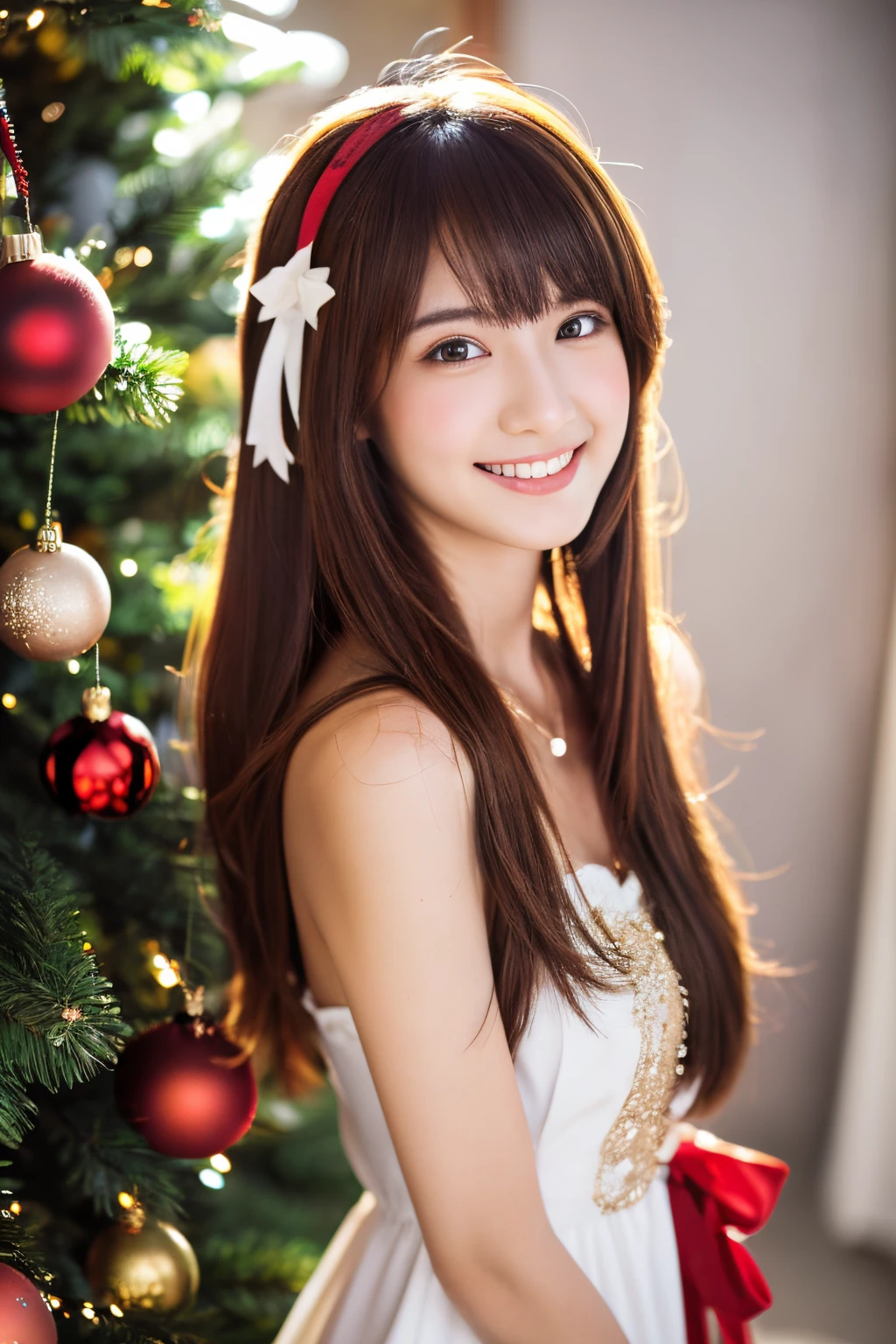 Best Quality, masutepiece, hight resolution, 1girl in,Christmas beauty full body high resolution image,Super high resolution images of beautiful faces,Dressed in Santa Claus costume,Hair Ornament,Maroon hair,fully body photo, Jewelry,Beautiful face,Tyndall effect,Photorealistic, Detailed image of horizontal Christmas tree,fullbody image,(High detailed skin:1.2),Smiling and looking at the camera,full body digital single lens reflex camera, in the soft and bright sunlight,High quality, Volumetric lighting, Candid, photograph, High resolution 8K,