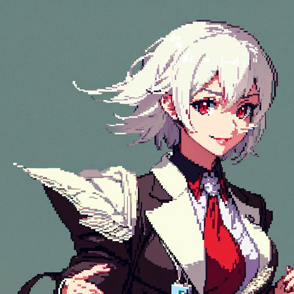 pixelart, tmasterpiece, pix, 1个Giant Breast Girl, white color hair, , Red eyes, Short hair details ,Business suit, Suits,Large,Just look at the face, vivaciousness, Purse your lips and smile, style of anime, simple backgound, contrasting background