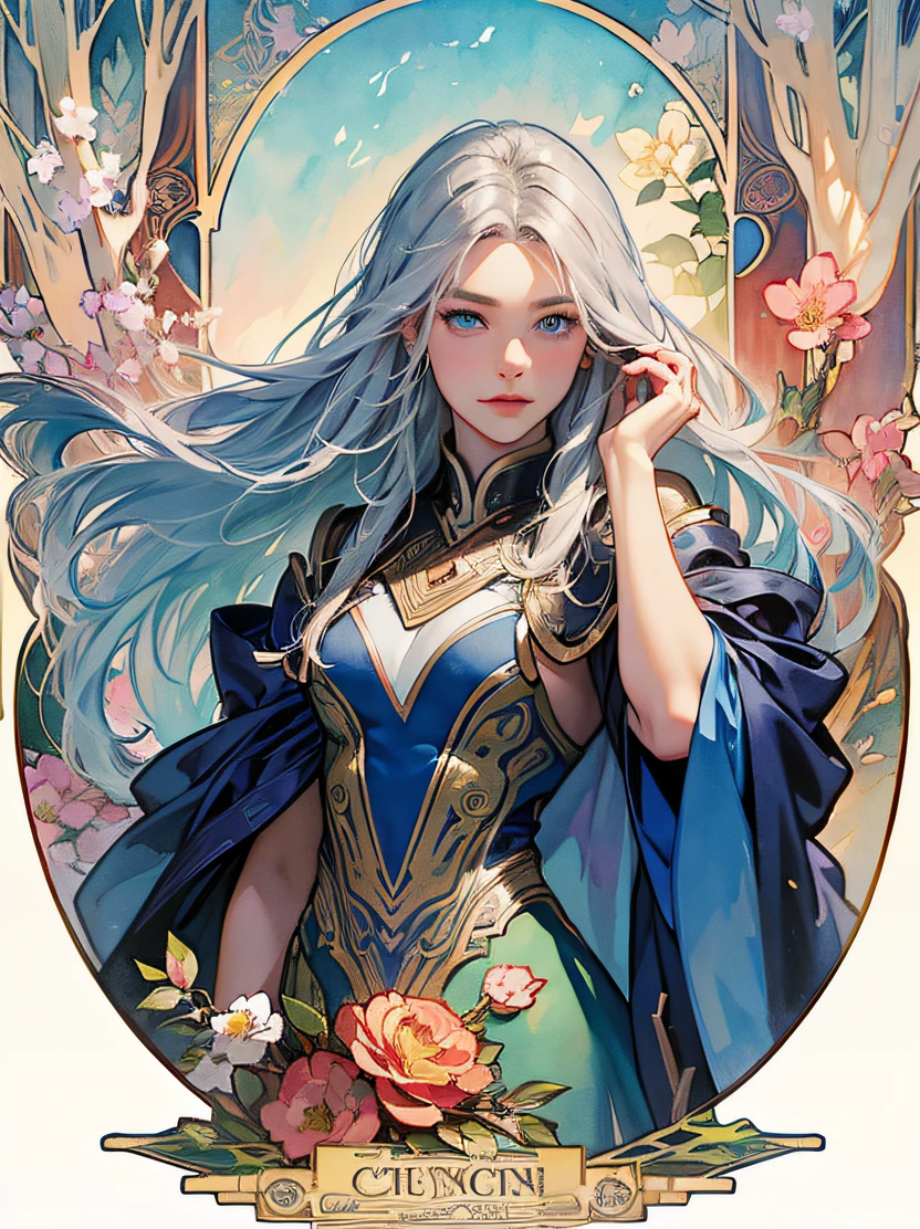 ((hight resolution、top-quality、super detailing、best picture、watercolor paiting、thick outlines、mats、by mucha))、flowing lines、elvish、1 girl, 28 year old、skiny、cin、stright long hair、Beautiful silver hair、blue eyess、half up、Hair swaying in the wind、luxury circlet、de pele branca、Hanshin seen from the front、is standing、green stunning queen dress、s Armor、鎖骨、Geometric pattern、(florals)、Hand down、Soft Air、Serious face、Detailed hand depiction