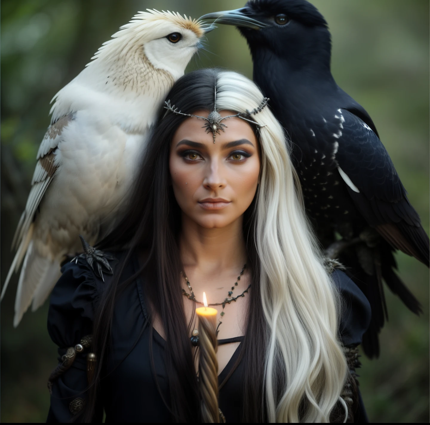 araffe woman with a candle and two birds on her head, pagan goddess, uma bela feiticeira, gothic maiden shaman, beautiful witch female, hecate goddess, feiticeira bonita, com um corvo no ombro, bruxa feminina bonita, como um personagem de fantasia medieval, as a mystical valkyrie, Cabelos longos de corvo, beautiful female druid