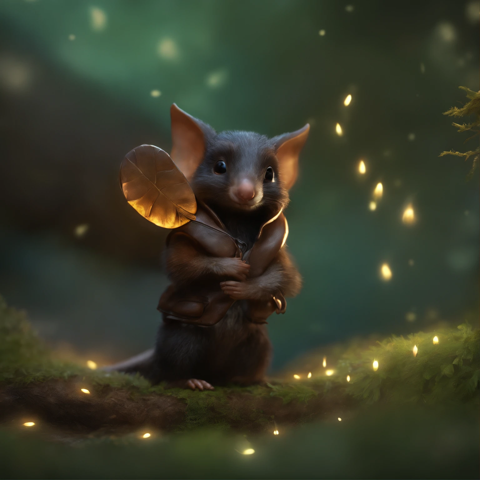 close-up of cute little fireflies, lighting up a bush, detailed picture, cgsociety, Detailed painting, artstation hd, higly detailed, cgsociety, photo realism, ConceptArt, artstation hd, official arts, bokeh ,(CBZBB:1.25)Realism,gremlin, gremlin looks like a mole, ((Ez idna)), large ears, doubled spout, in a clearing under an oak tree, holding a large acorn in his paws, wear a dark leather vest with a hood, CBZBB,Cute, Small, baby, Beautiful, Fantasy art, deviant art, trending artstation, Digital Art, Detailed, Realistic, humanoid, character, tiny, Cinematic shot, cinematic portrait of a mole, cute character, looks like a mole,