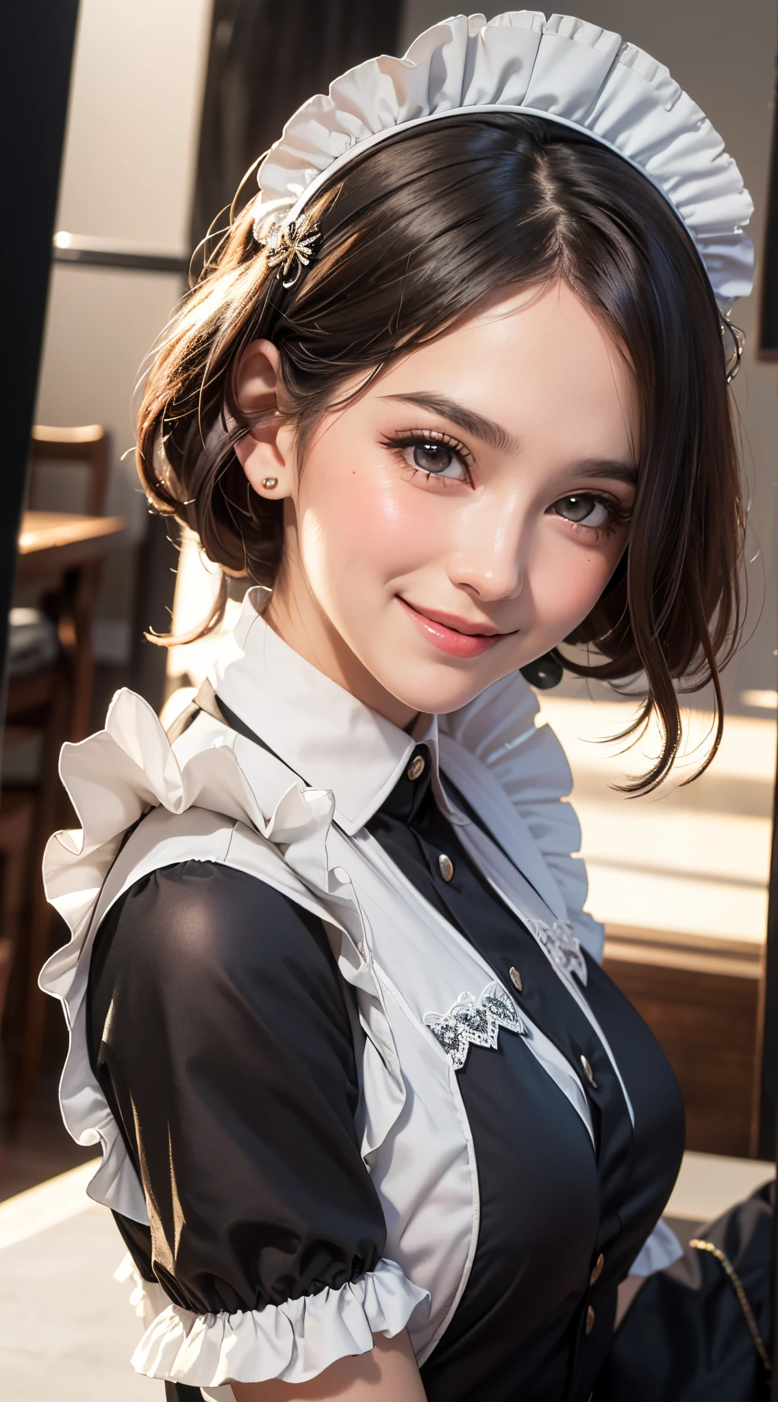 (UHD, retina, masterpiece, ccurate, anatomically correct, textured skin, super detail, high details, high quality, best quality, highres, 1080P, HD, 4K, 8k, 16k), (beautiful detailed eyes, beautiful detailed lips, extremely detailed eyes and face), studio lighting, physically-based rendering, vivid colors, (maid headdress, maid uniform:1.5), (portrait, shiny hair, shiny skin), (bokeh), (tilt your head to the side:1.5), eye reflection, (blush:1.5), (mother and daughter, smile:1.5),