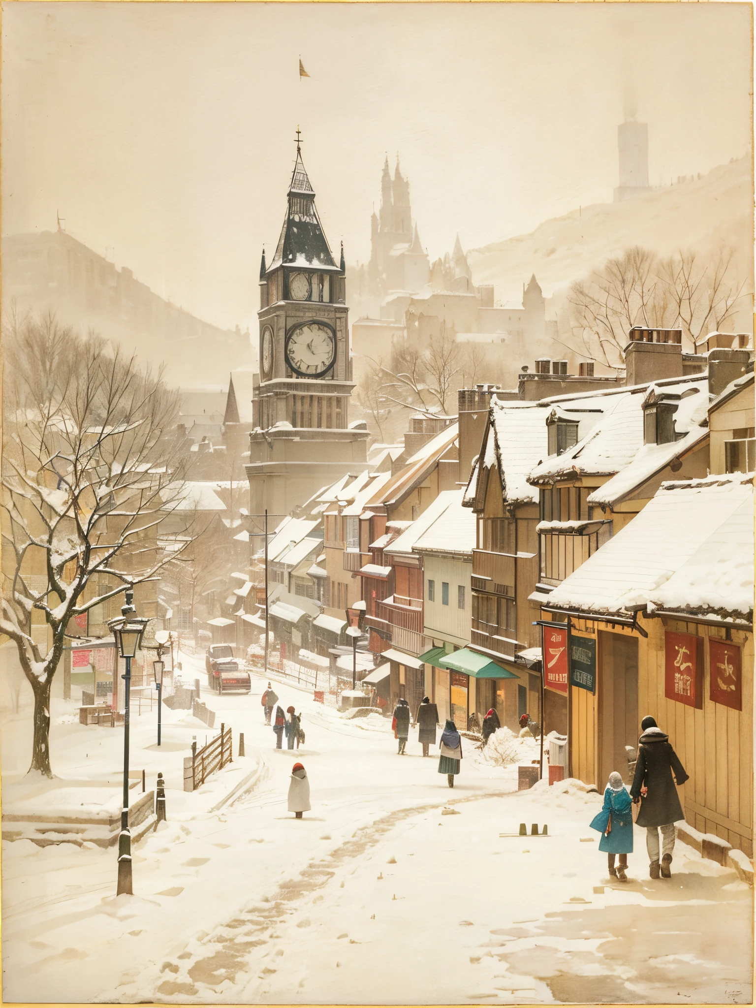 (James McNeill Whistler) A city full of nature with snow. Even the roof of the clock tower is covered with snow, and it looks as if snow is about to fall. People walk through the snowy urban park, exhaling white breaths. The morning sunlight, white snow and white breath look fantastic.(Color pattern:antique white ,magic moments,nephrite)(Ink on Japanese paper, which tends to bleed easily)(contemporary art like a picture book) (transparent watercolor) (light itself expressed as real) (layers of soft, rich colors) (shades of paint dissolved thinly with water) (deep, delicate colors)ice,snow(Egon Schiele)