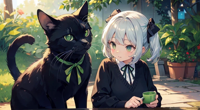 An old lady gives a green ribbon to a cute black cat with round eyes.