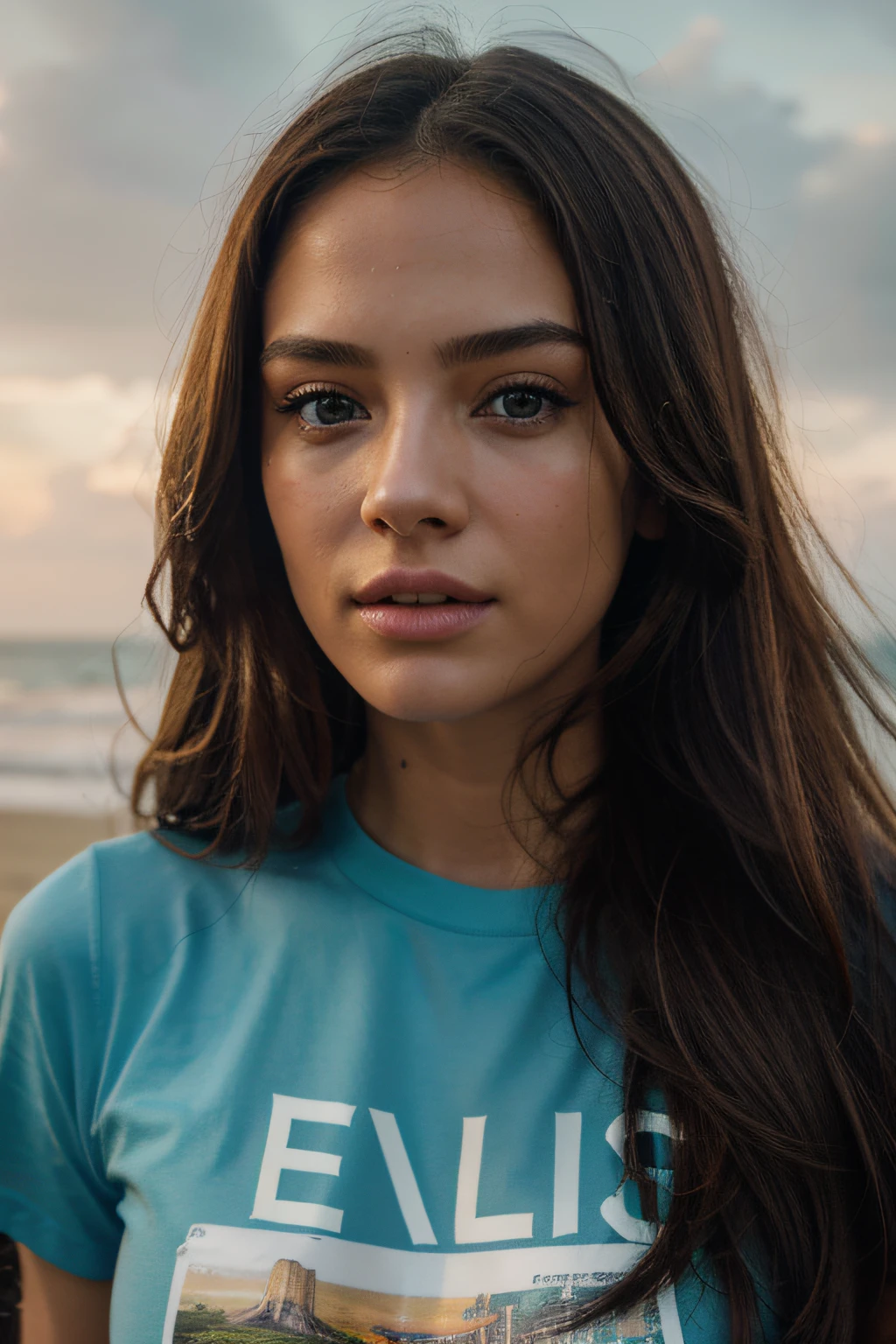 Create a 2160p gigantography photo of a girl wearing a Next Level logo t-shirt, Retrato fotorrealista de una hermosa mujer modelo de Victoria Secret con maquillaje ligero, Ojos de miel claros altamente detallados, Detailed realistic symmetrical face, textura extremadamente natural detallada, pesca, cabello desordenado y ventoso. Obra maestra, award-winning photography by Francesco Scavullo, Nikon D850 Film Photography, Kodak Portrait 400 F1 camera. 6 lentes, extremadamente detallado, asombroso, Detalles finos, colores intensos, Textura hiperrealista, Spectacular lighting, Motor irreal, tendencia en el arte. arstation, Cine Fijo 800 Tungsteno, Mira el visor, Foto realista, Foto RAW, alta calidad, High resolution, foco nítido, extremadamente detallado, cinematic lighting, en la playa.