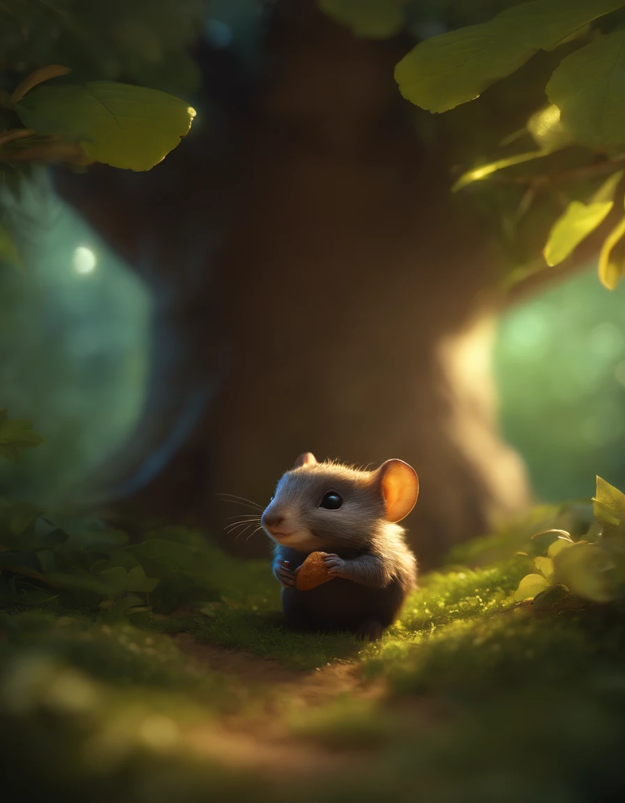 close-up of cute little fireflies, illuminating the bush, detailed picture, cgsociety, detailed painting, artstation hd, higly detailed, cgsociety, photo realism, ConceptArt, artstation hd, official arts, bokeh  ,(CBZBB:1.25),gremlin, gremlin, looks like a mole, ((Ez idna)), in a clearing under an oak tree, holding a large acorn in his paws, CBZBB,Cute, Small, baby, Beautiful, Fantasy art, deviant art, trending artstation, Digital Art, Detailed, Realistic, humanoid, character, tiny, Cinematic shot, cinematic portrait of a mole, cute character, looks like a mole,