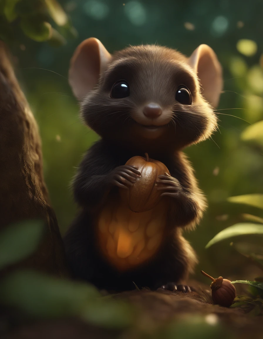 close-up of cute little fireflies, illuminating the bush, detailed picture, cgsociety, detailed painting, artstation hd, higly detailed, cgsociety, photo realism, ConceptArt, artstation hd, official arts, bokeh ,(CBZBB:1.25),gremlin, gremlin, looks like a mole, ((Ez idna)), in a clearing under an oak tree, holding a large acorn in his paws, CBZBB,Cute, Small, baby, Beautiful, Fantasy art, deviant art, trending artstation, Digital Art, Detailed, Realistic, humanoid, character, tiny, Cinematic shot, cinematic portrait of a mole, cute character, looks like a mole,