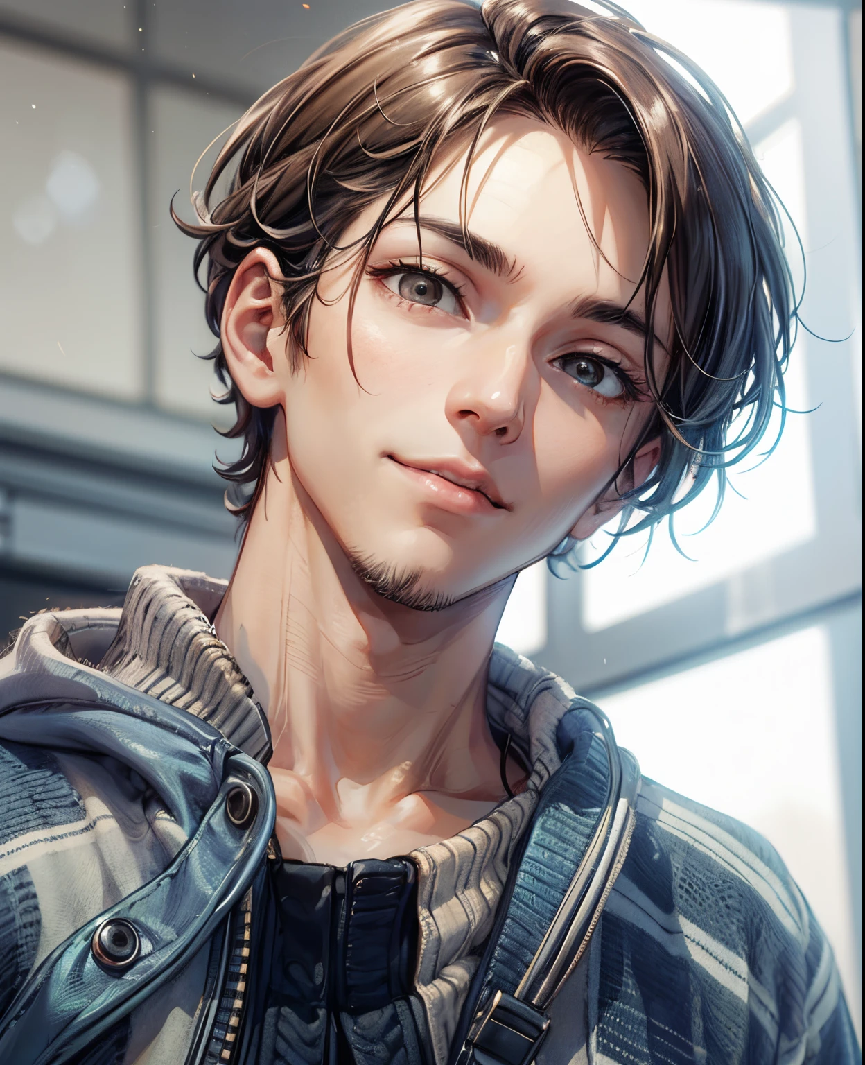 (masutepiece), Natural light, Photorealistic, Cameltoe, diffuse glow, depth of fields, big eye、Black eyes、profetional lighting、japanes、on top of the building in the background、Fantastic background、portlate、Invincible smile、ember、the man has sharp eyes、Brown knitted sweater、Eyes are black、asian human、a blond、lightly permed hairstyle、short hair、