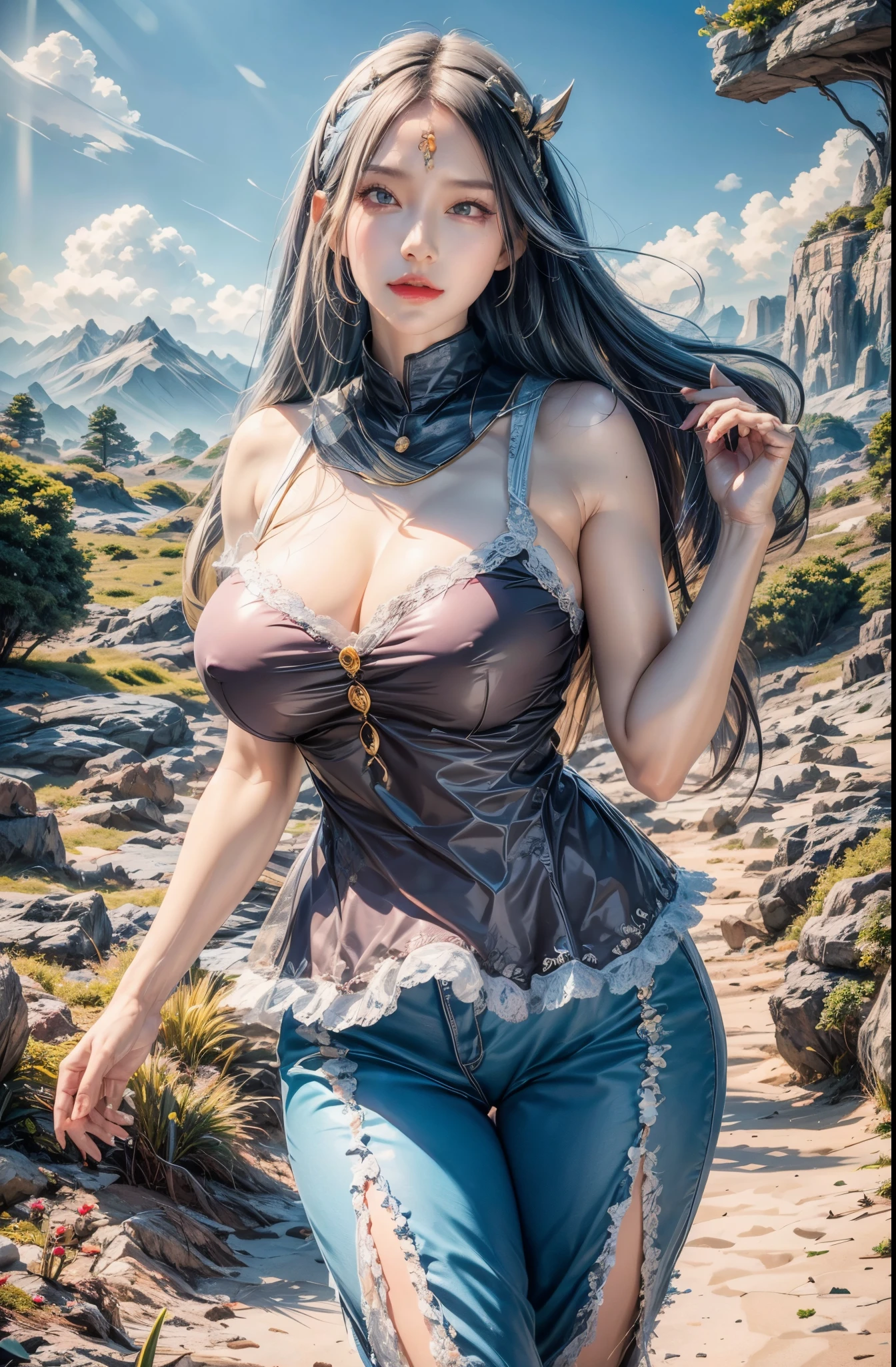 realistic, 1 women, best quality, 12k, HD, long hair, big round breasts, cleavage, ponytail, necklace, jewelry, shorts, short jacket, slim hips, hair tie, yellow eyes, black hair, super detailed, Eye details, hair details, person details, mouth details, face details, breast details, clothes details, hair details, pants details, hand details, whole body