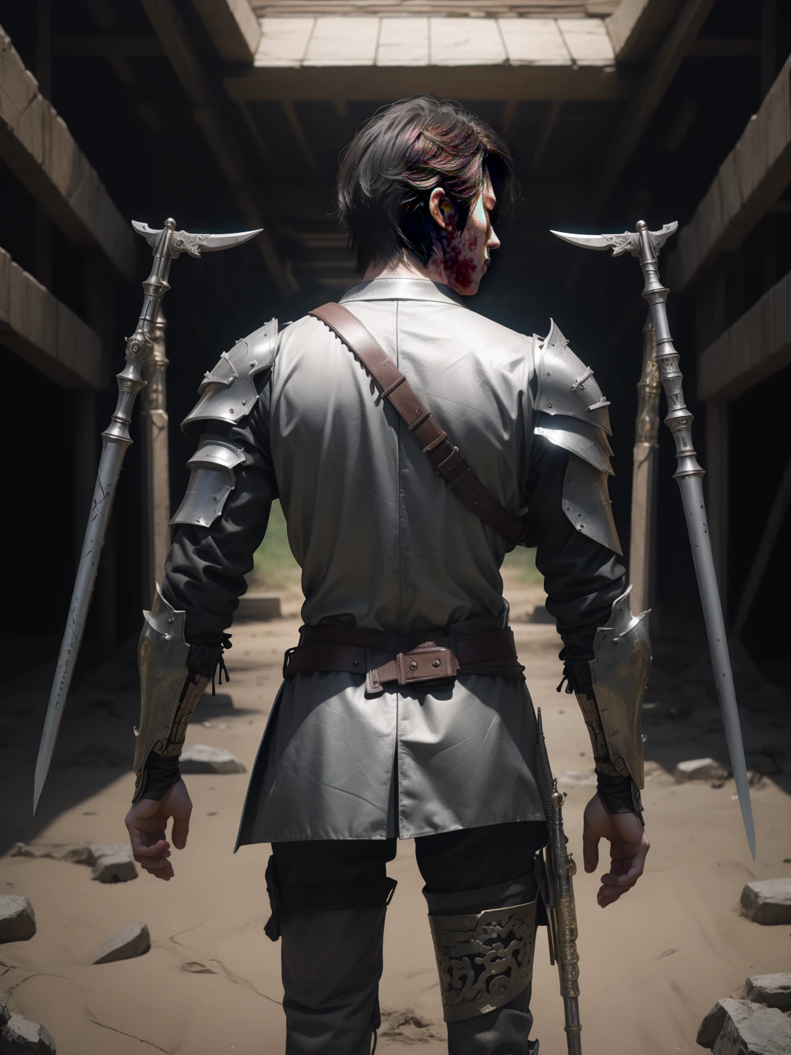 Game cg Zhao Yun, 1 hero, Facing the enemy ahead alone,(There are several enemies ahead 1.3),(Back to screen 1.3), Armed with spear weapons, Ancient Chinese Silver Armor, strong,Long gray hair, at the battlefield, natta, Facing millions of enemies,heavy,One against a hundred,HD details,true vision,Beautiful game promotional images