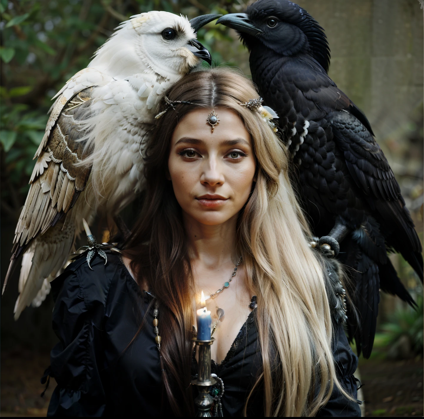 araffe woman with a candle and two birds on her head, pagan goddess, uma bela feiticeira, gothic maiden shaman, beautiful witch female, hecate goddess, feiticeira bonita, com um corvo no ombro, bruxa feminina bonita, como um personagem de fantasia medieval, as a mystical valkyrie, Cabelos longos de corvo, beautiful female druid