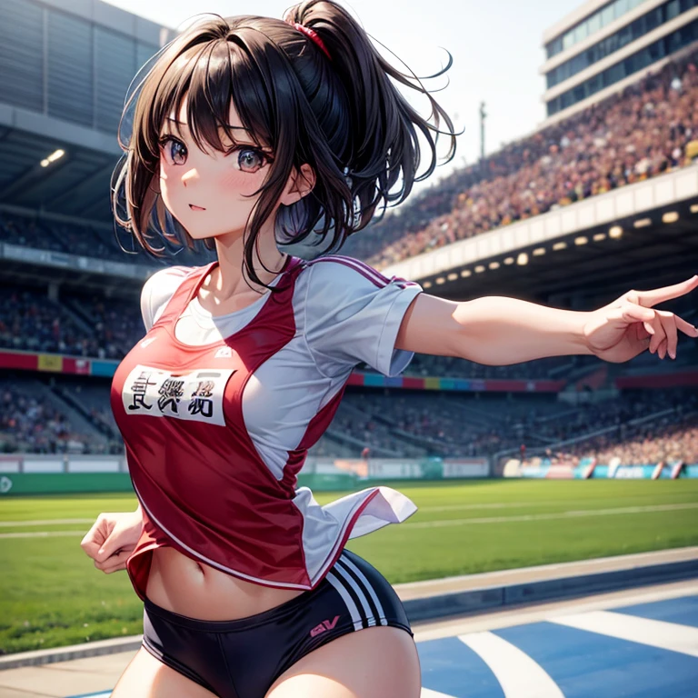 Photo of a 20 year old woman, Perfect Face, masterpiece, good, Sports bra,Racing Bloomers、good, Dynamic Perspective、Run at full speed、Sweat flying、Serious face、Run towards the viewer、Track and Field、Nipples、Pussy Cameltoe