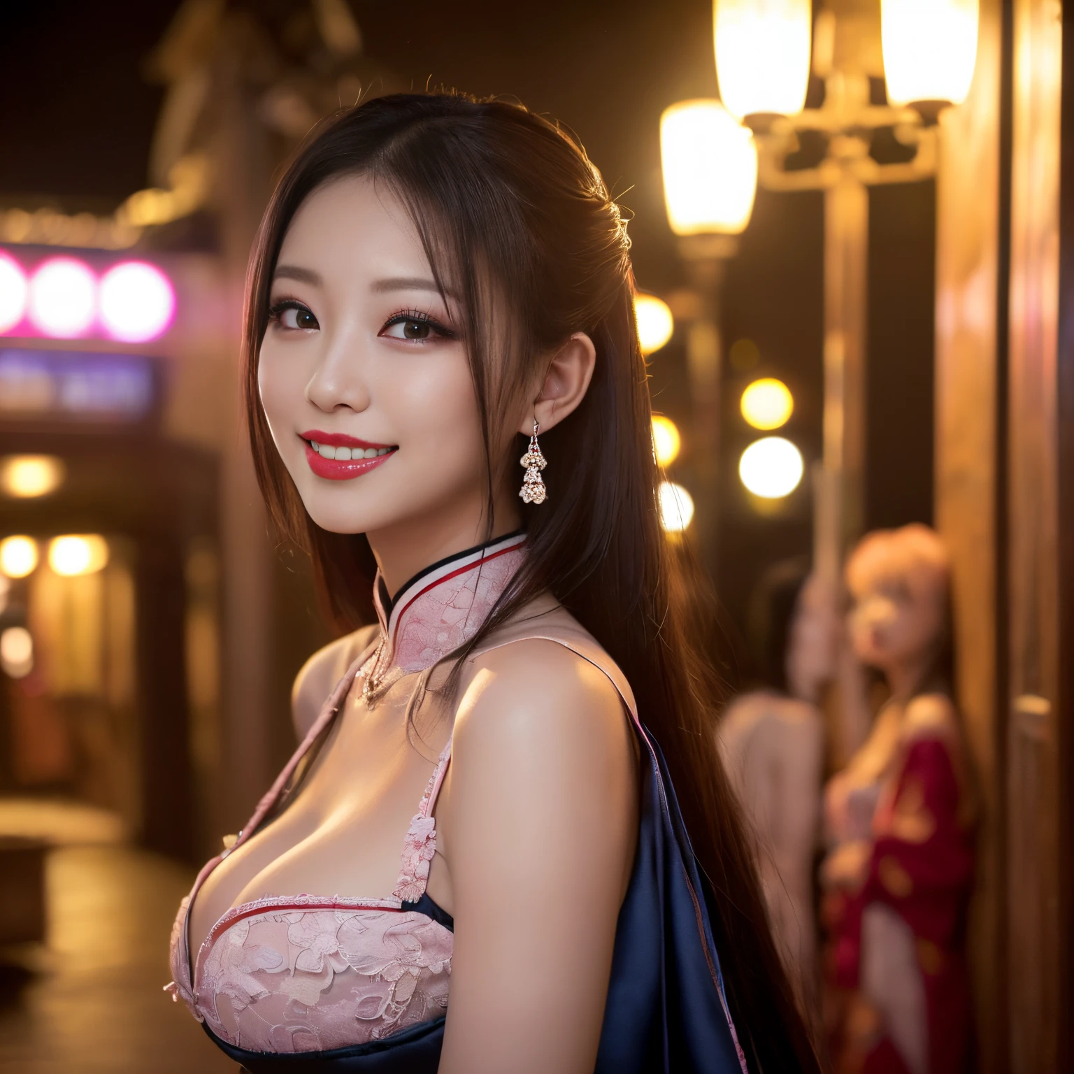 ((top-quality、masutepiece、8K、Top image quality、Highly complex and detailed depictions))、(Photo of the upper body of a Japanese prostitute:1.3)、Luxurious prostitute house at night、The most luxurious Japanese prostitute costume、((Huge outfit of the most gorgeous Japanese whore、the most vivid and luxurious costumes、big long costume、The most luxurious and huge whore house、An unimaginably luxurious prostitute house、A very luxurious and huge whore house、A huge whorehouse in the middle of the night、Very complex decoration、Very clear huge whore house)、(View me、Bewitching smile、Perfect makeup、long eyelashes、lipsticks、Pink eyeshadows、perfect anatomia、A slight smil)、(Depth of field is deep:1.5)、(Clear background of a huge whore house:1.3)、(Prostitutes、Wandering girl、whore、whore、mistress、concubine、prostitute:1.3)