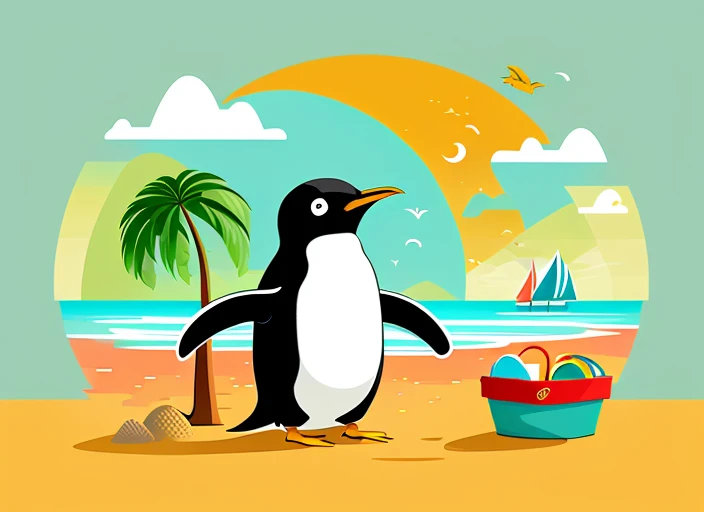 create a very colorful penguin design with a beach theme