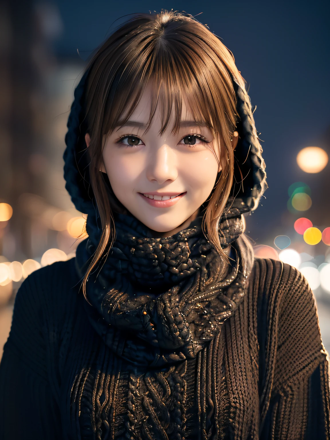 1 japanese girl,(Black sweater:1.4),(She wears a knitted snood around her neck to hide her chin.....:1.5), (Raw photo, Best Quality), (Realistic, Photorealsitic:1.4), masutepiece, extremely delicate and beautiful, Extremely detailed, 8k wallpaper, amazing, finely detail, extremely detailed CG Unity, hight resolution, Soft light, Beautiful detailed 19 year old, extremely detailed eye and face, beautiful detailed nose, Beautiful detailed eyes,Cinematic lighting,city light at night,Perfect Anatomy,Slender body,Smiling  (hair messy, asymmetrical bangs, light brown hair,)